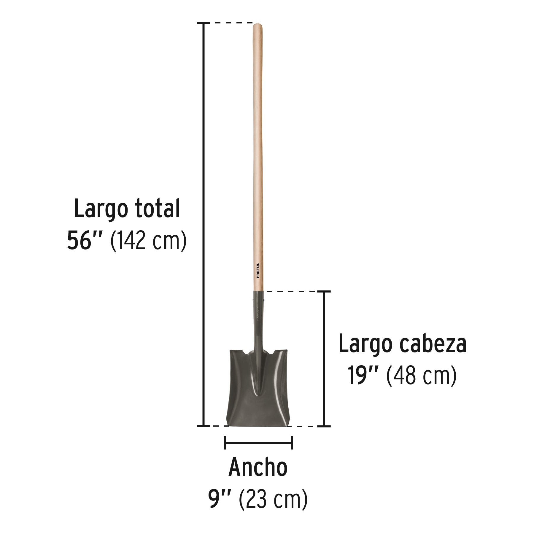 Pala cuadrada, mango largo 44", PRETUL