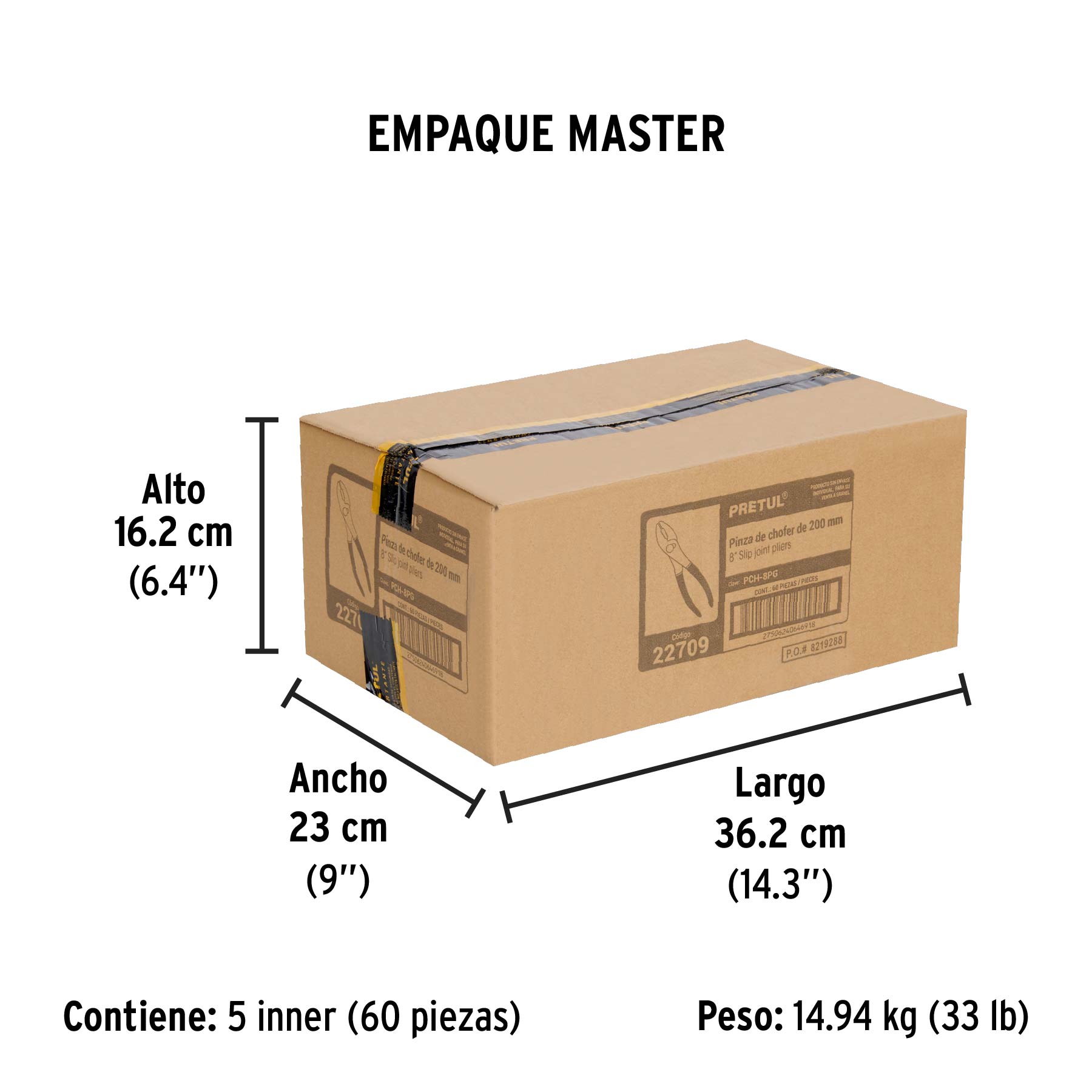 Pinza de chofer 8" mango de vinil, a granel, PRETUL - Empaque