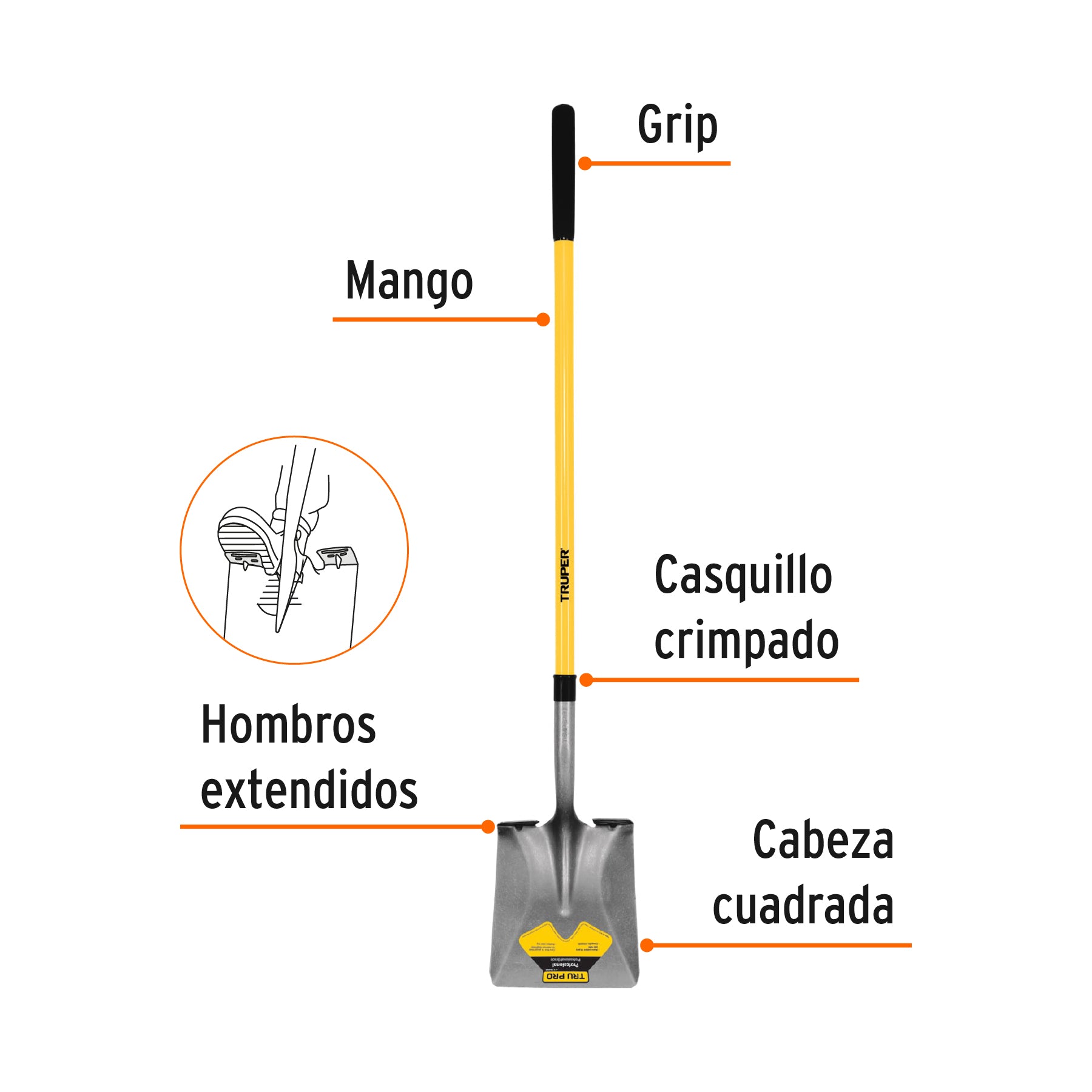 Pala cuadrada Tru Pro, mango largo de fibra de vidrio 48"