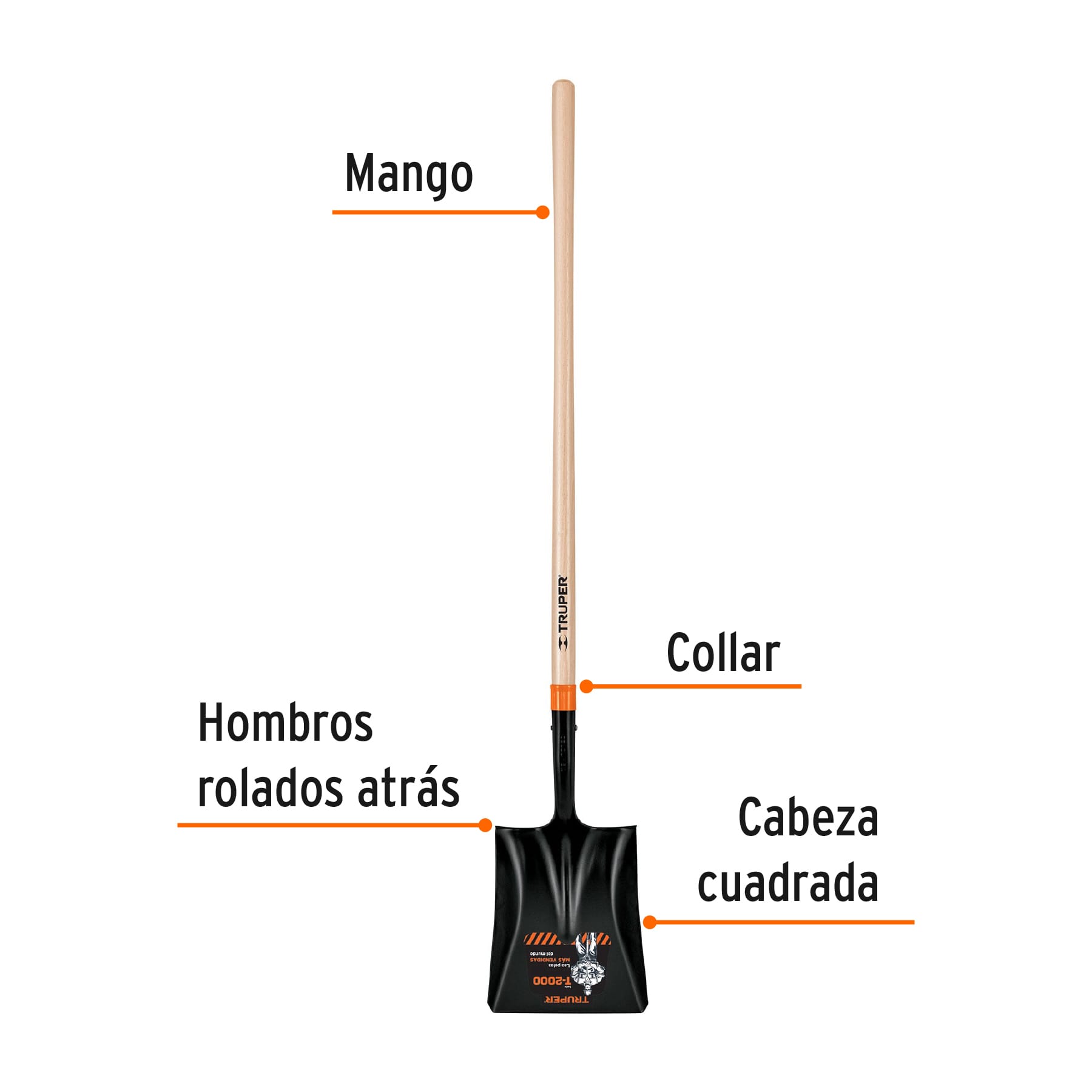 Pala cuadrada T-2000, mango largo 45", TRUPER