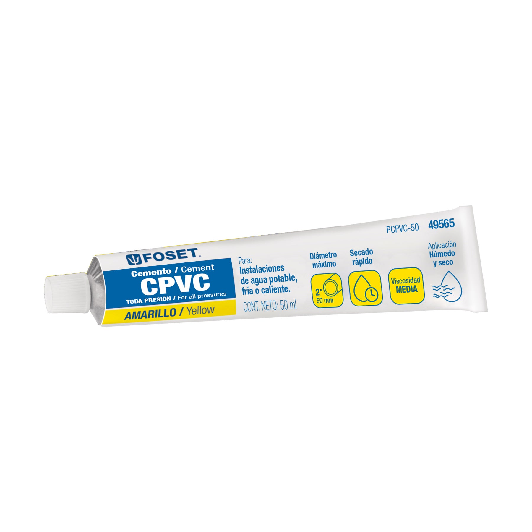 Cemento p/CPVC, amarillo, toda presión, tubo 50ml, FOSET