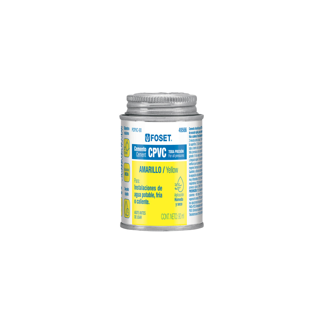 Cemento p/CPVC, amarillo, toda presión, lata 90ml, FOSET