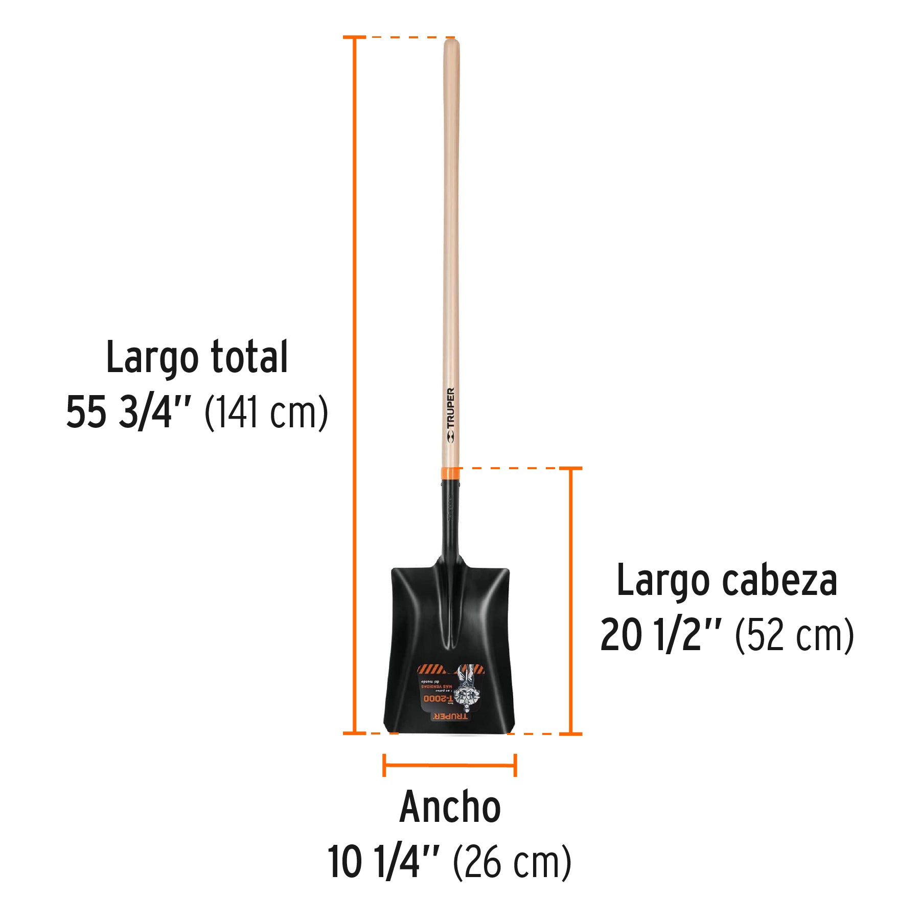 Pala T-2000 cuadrada, tipo español, mango largo 41", TRUPER