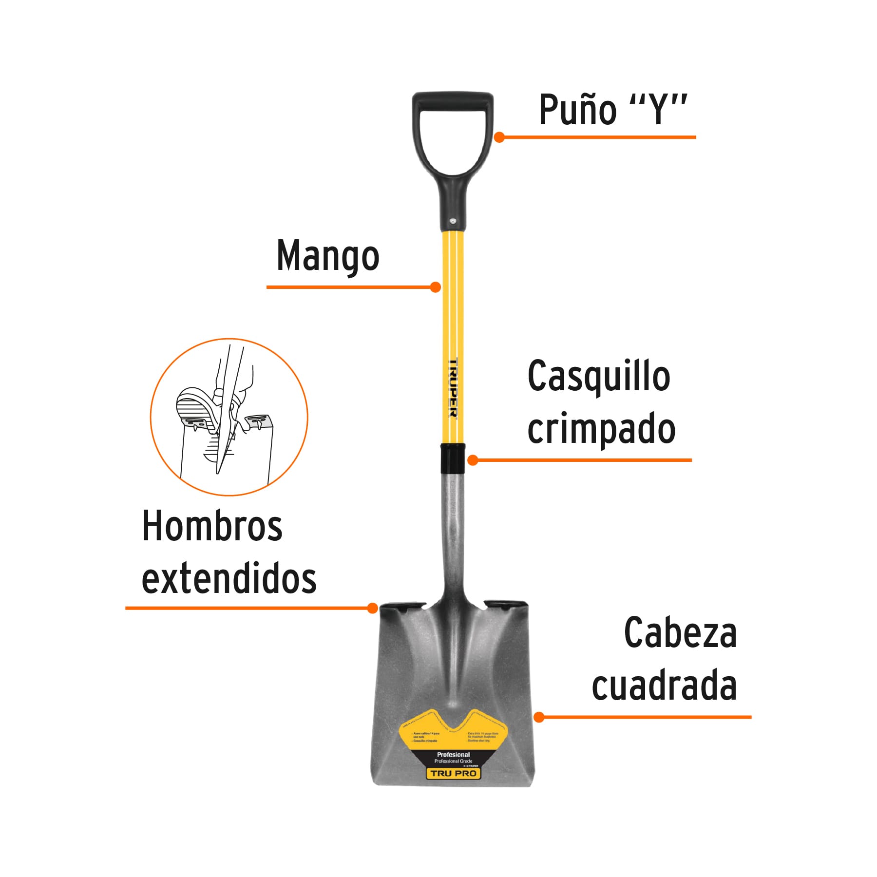 Pala cuadrada Tru Pro, puño "Y", mango de fibra de vidrio
