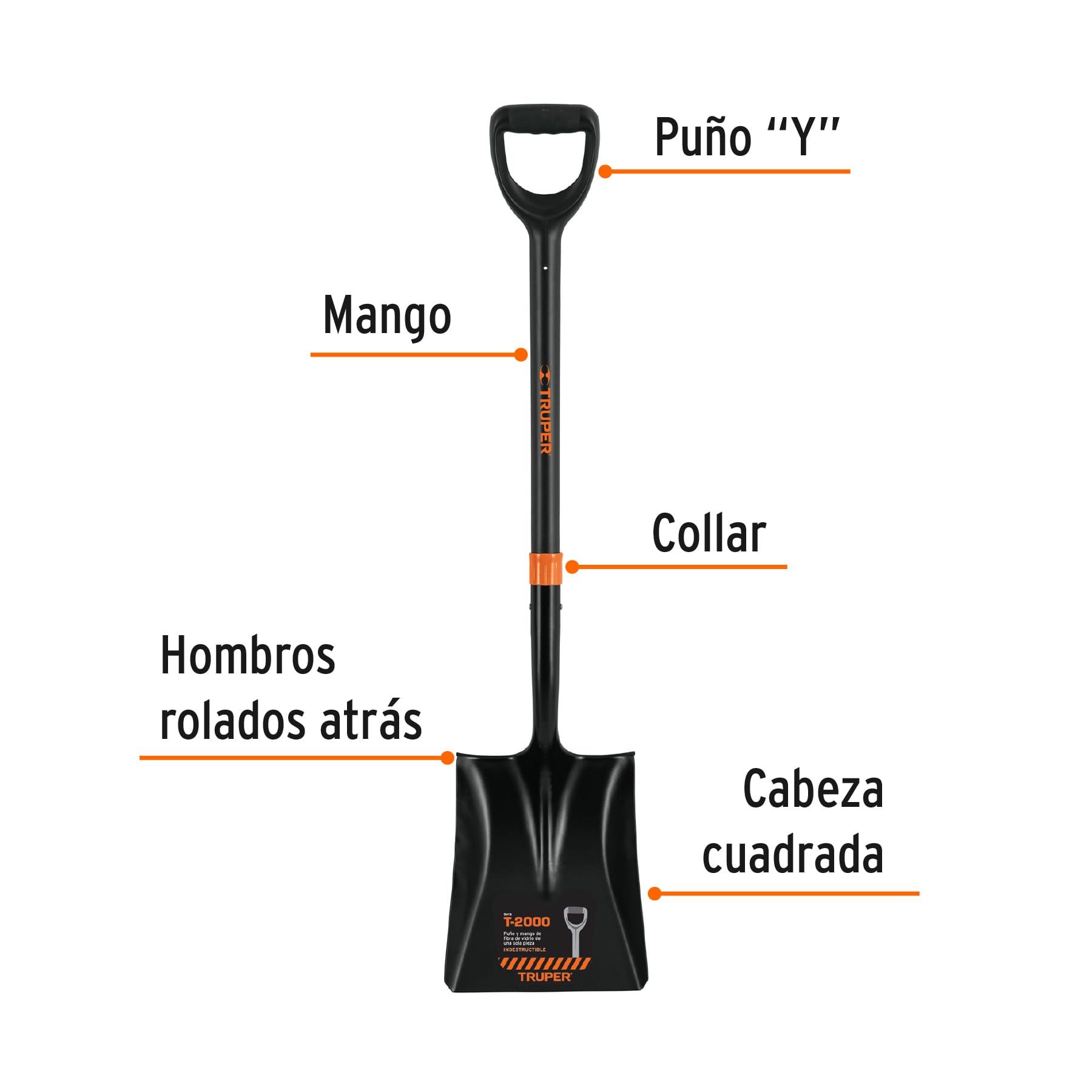 Pala cuadrada T-2000, puño "Y" mango fibra de vidrio, TRUPER