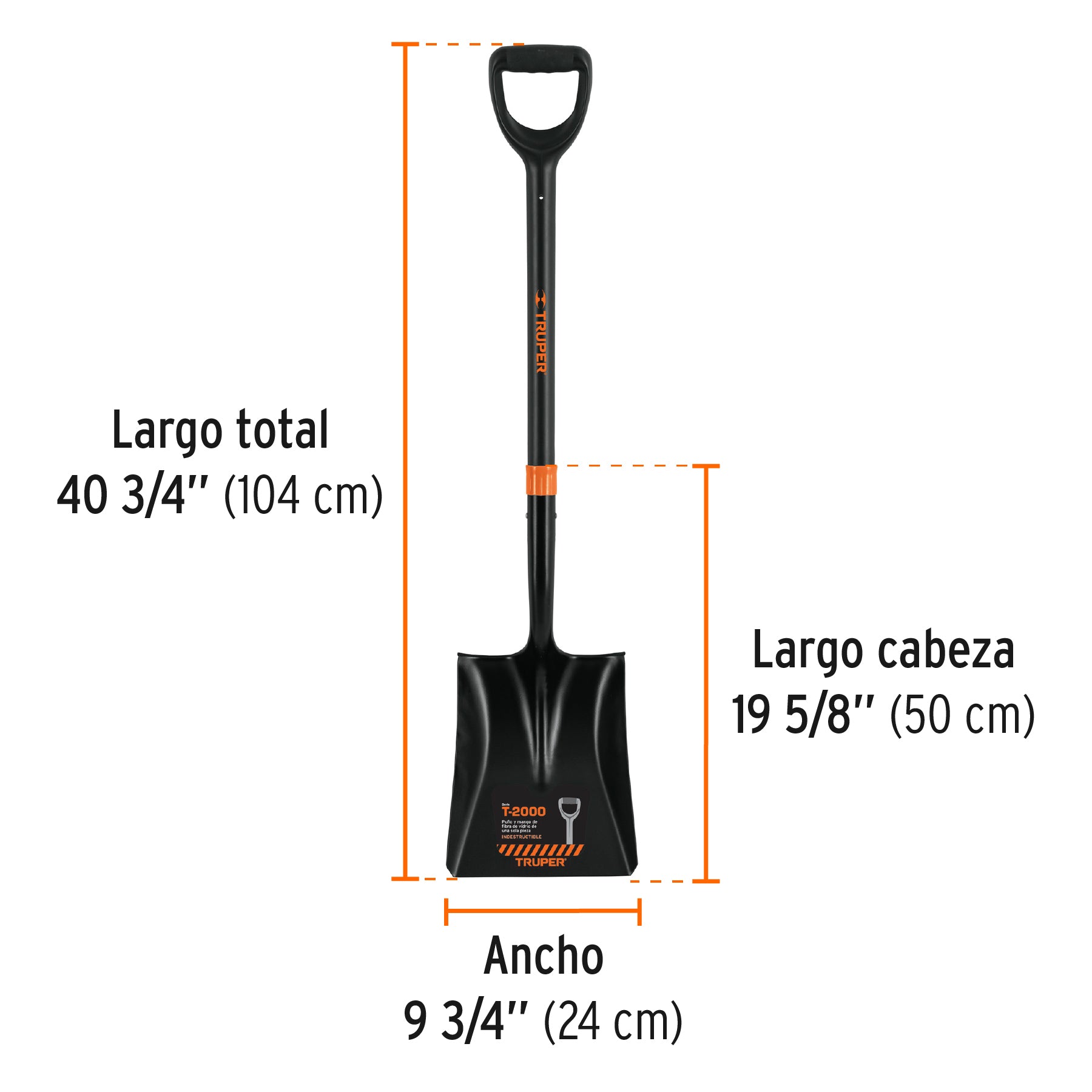 Pala cuadrada T-2000, puño "Y" mango fibra de vidrio, TRUPER