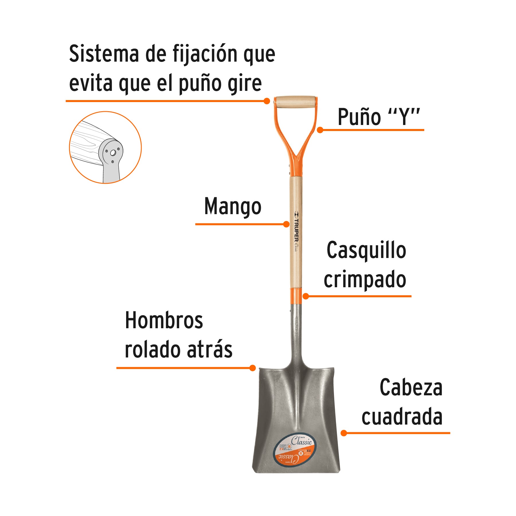Pala cuadrada Classic, puño "Y", TRUPER