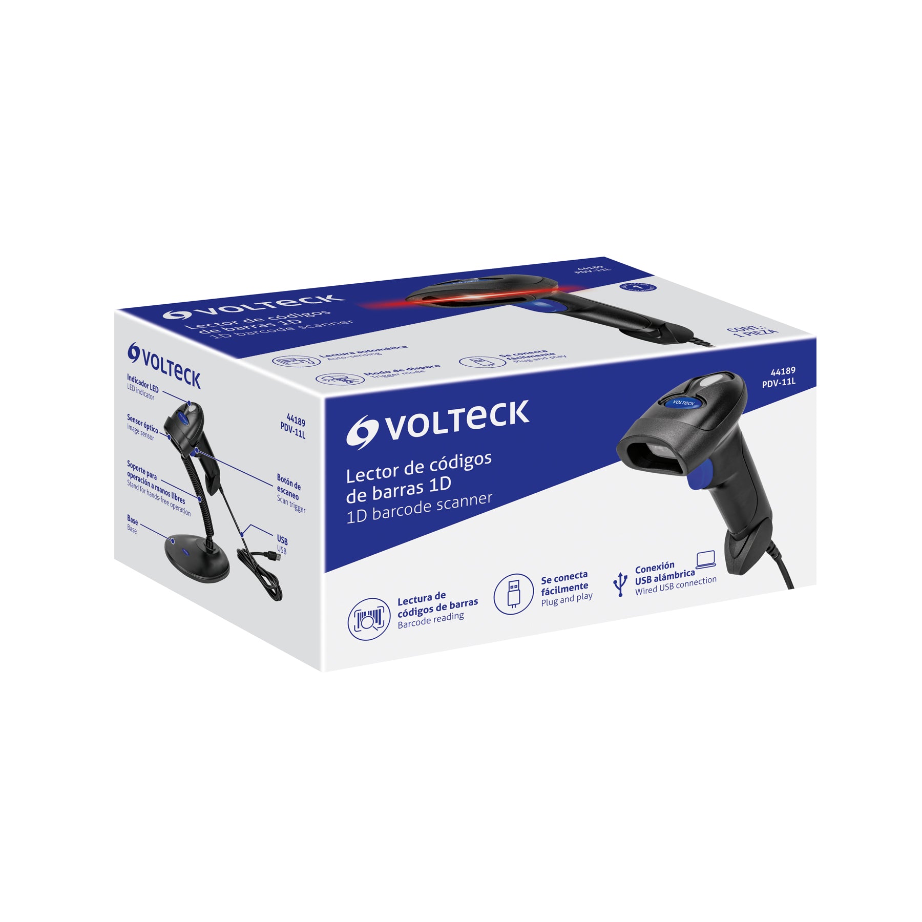 Lector de código de barras 1D, alámbrico, USB, VOLTECK