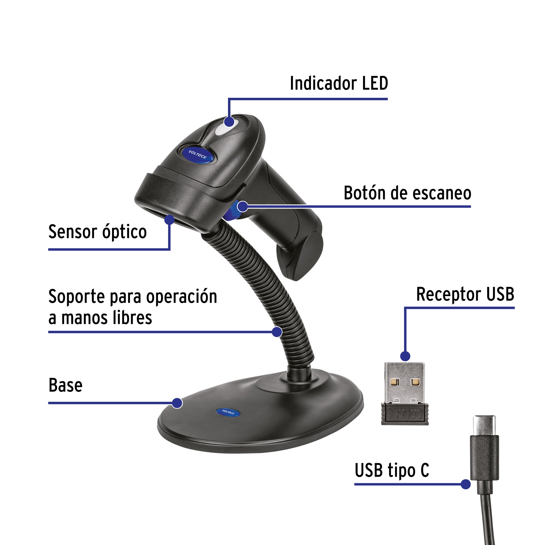 Lector de código de barras 2D, inalámbrico, VOLTECK