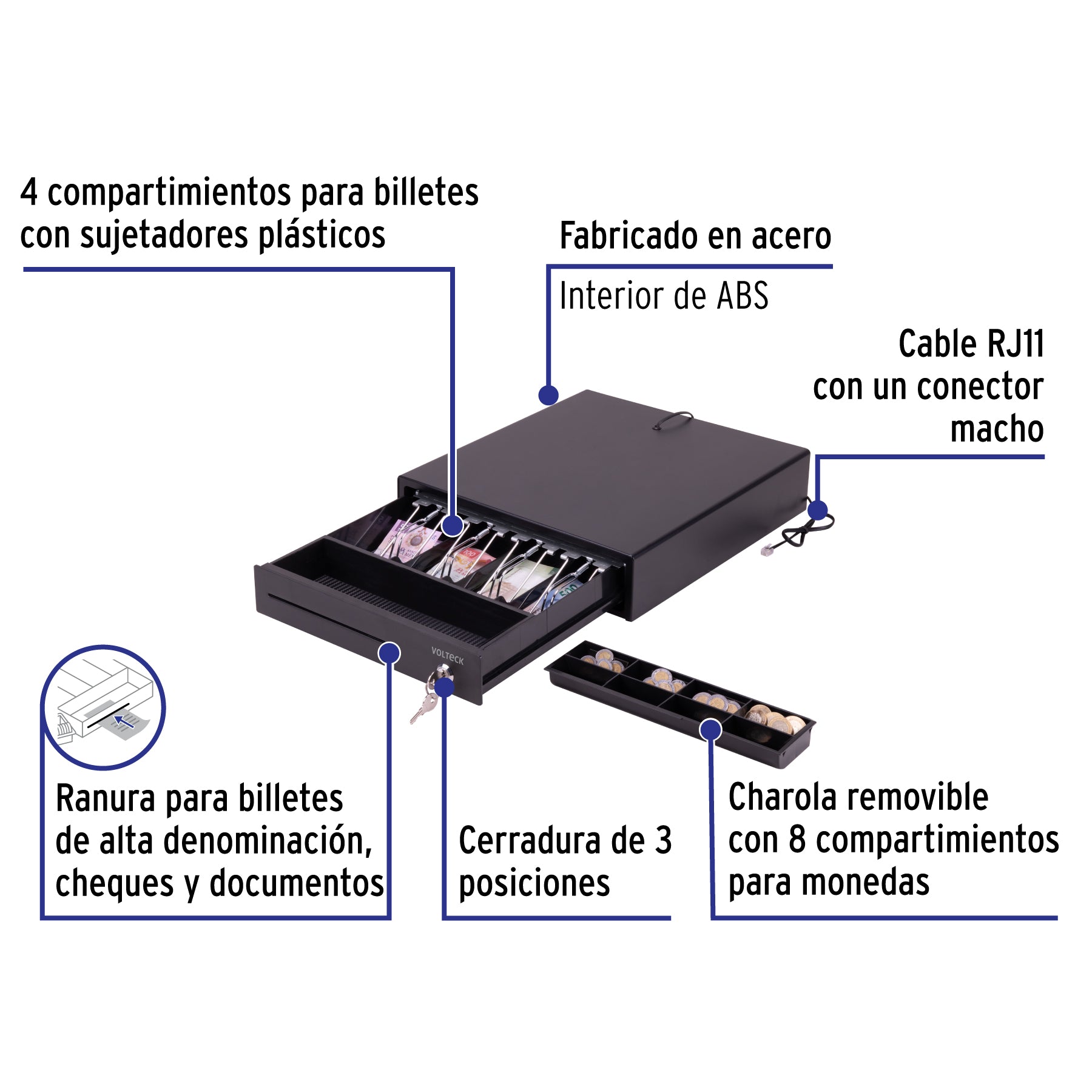 Cajón de dinero para 4 billetes y 8 monedas, VOLTECK