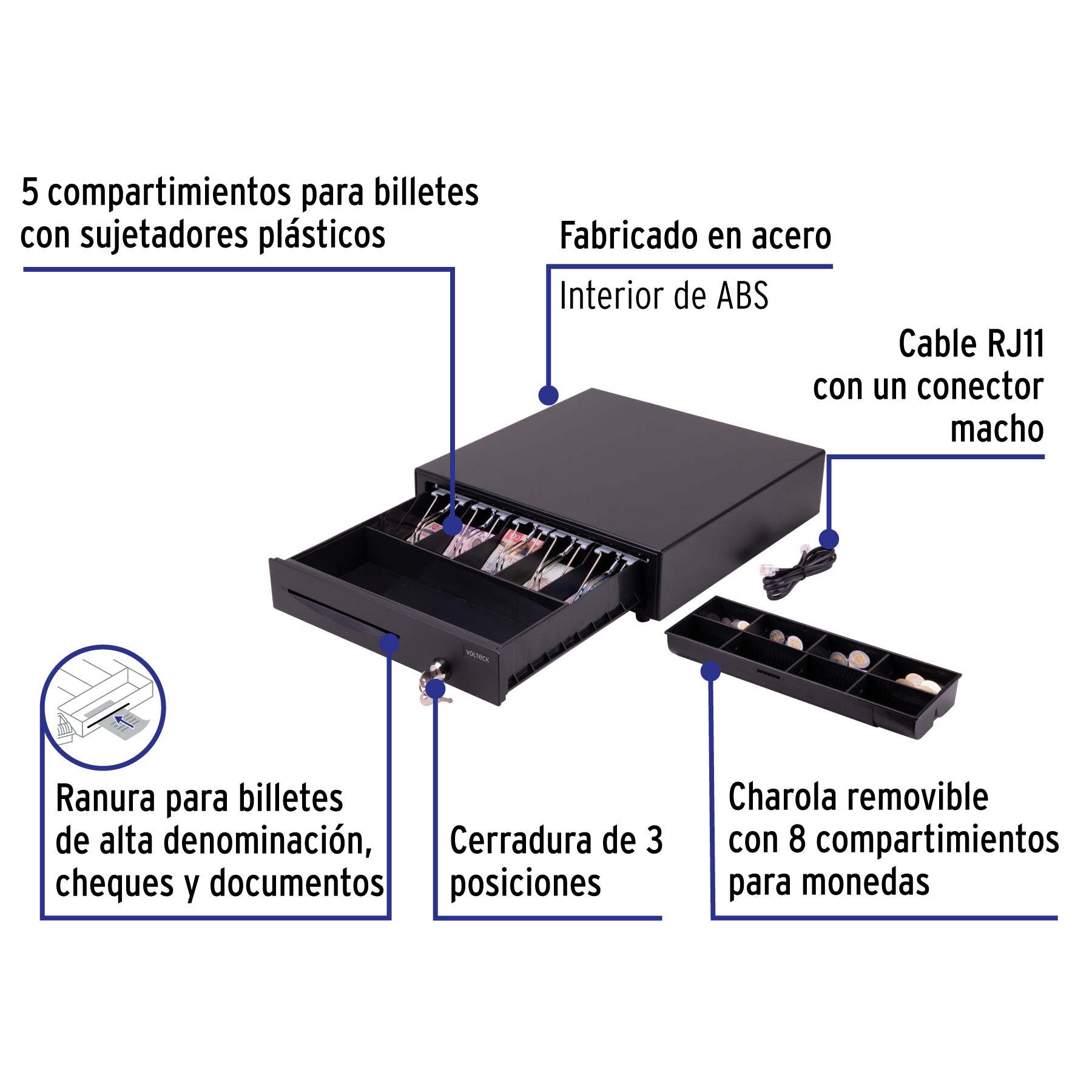 Cajón de dinero para 5 billetes y 8 monedas, VOLTECK