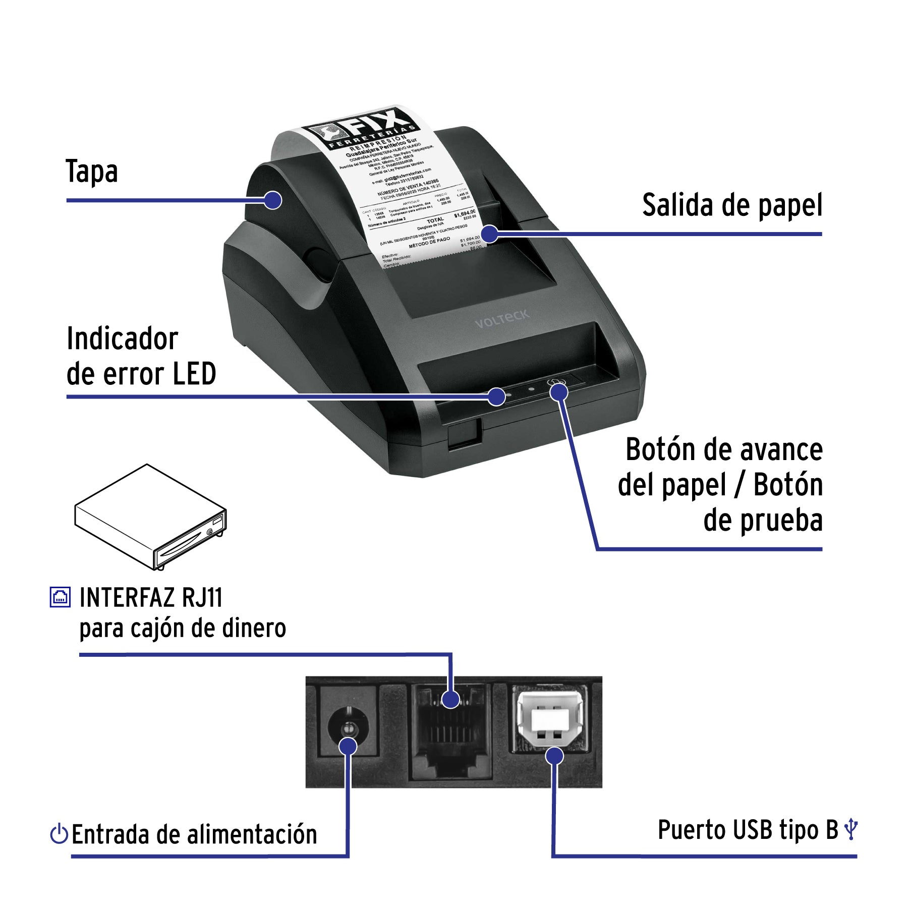 Impresora térmica de recibos 58 mm, USB+BT, corte manual