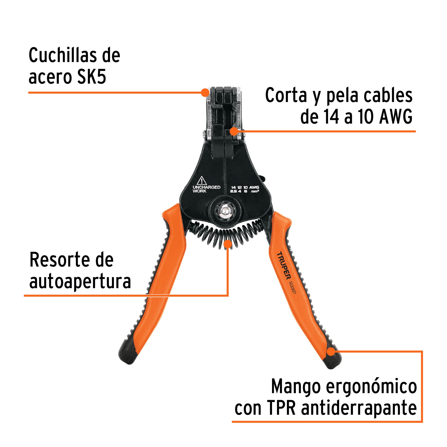 Pinza 6.5" pela cables automática, 14 a 10 AWG, TRUPER