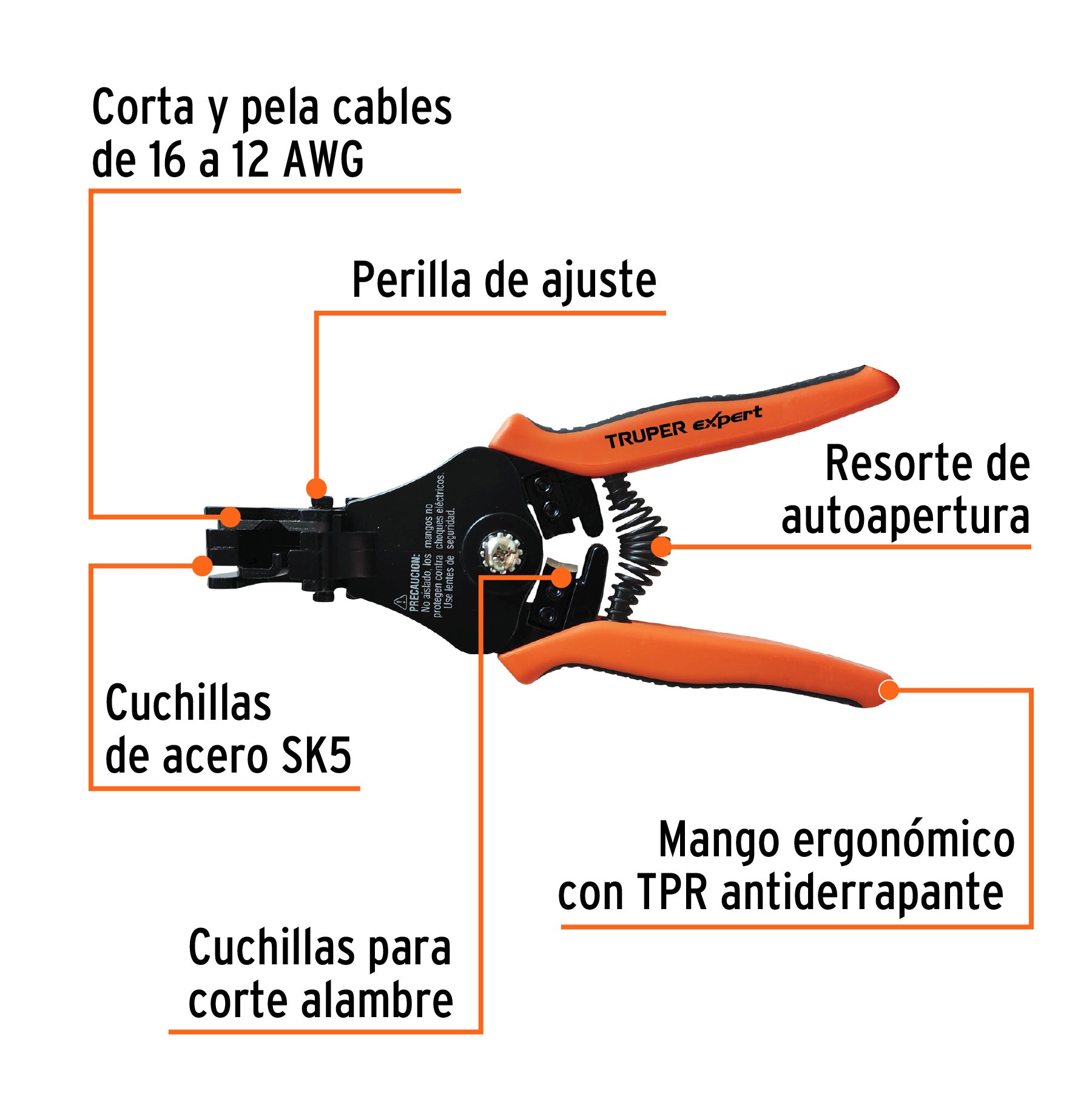 Pinza 6" pela cables automática, 16 a 12 AWG, TRUPER EXPERT