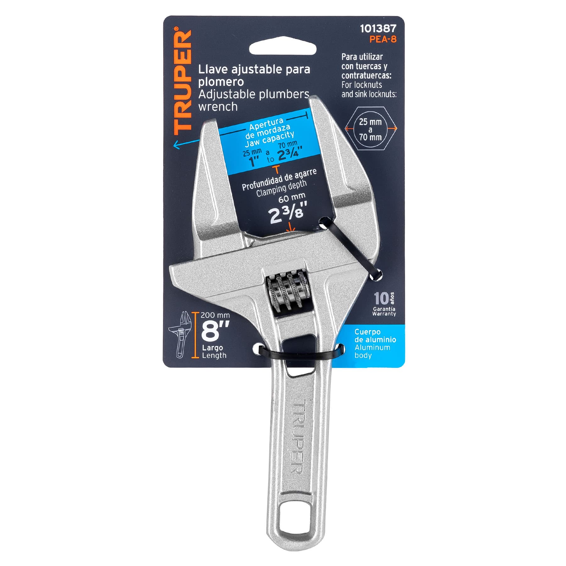 Llave ajustable 8" para plomero, apertura 3", TRUPER