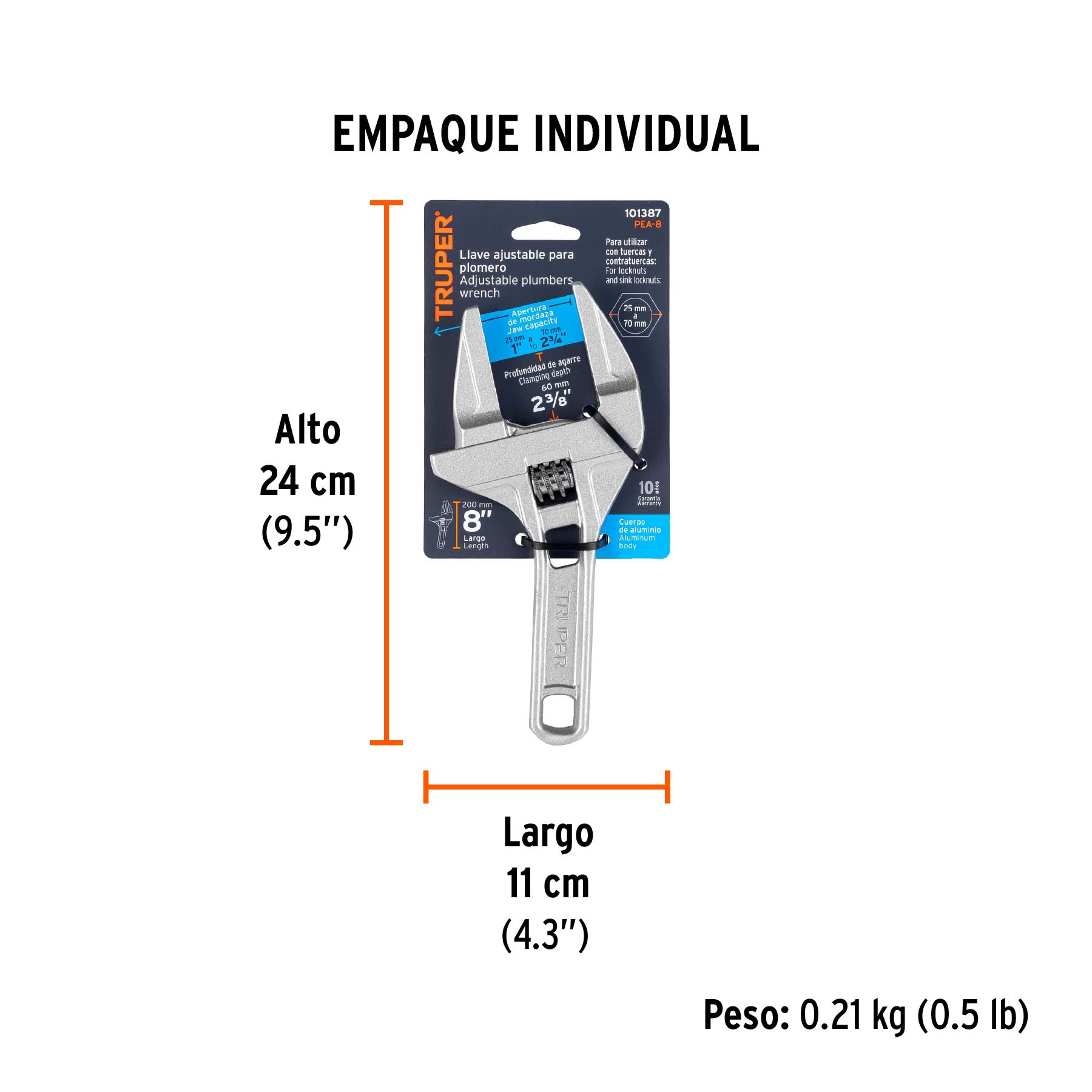 Llave ajustable 8" para plomero, apertura 3", TRUPER - Empaque
