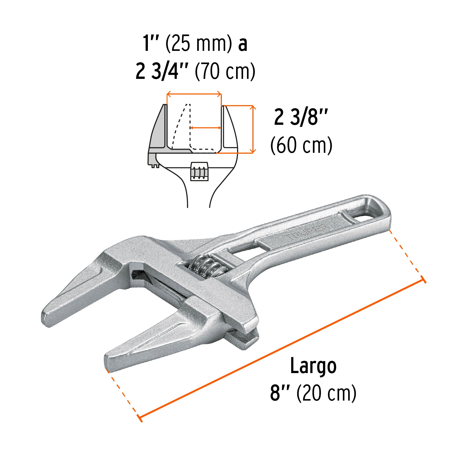 Llave ajustable 8" para plomero, apertura 3", TRUPER