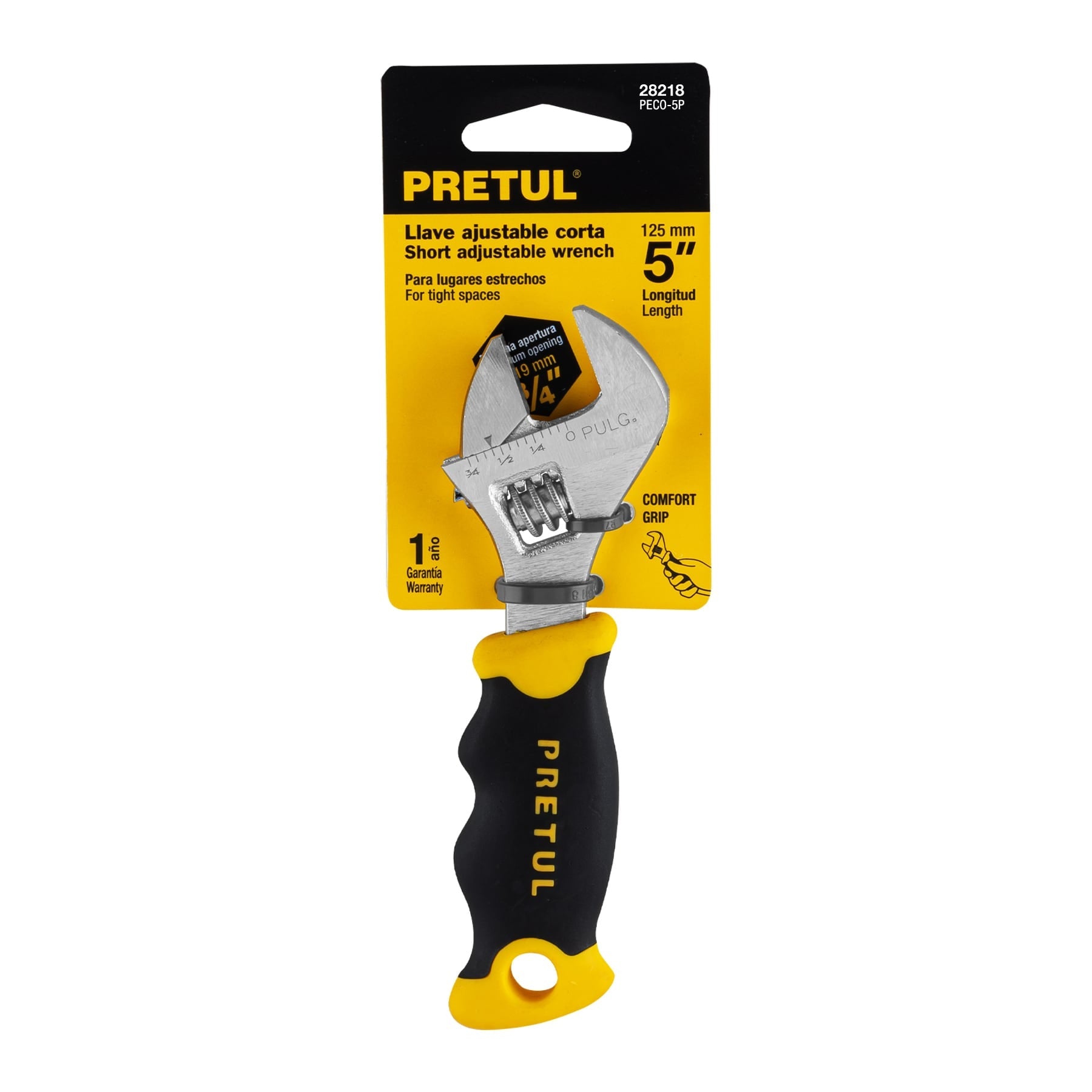 Llave ajustable (perico corto) 5" cromada con grip, PRETUL