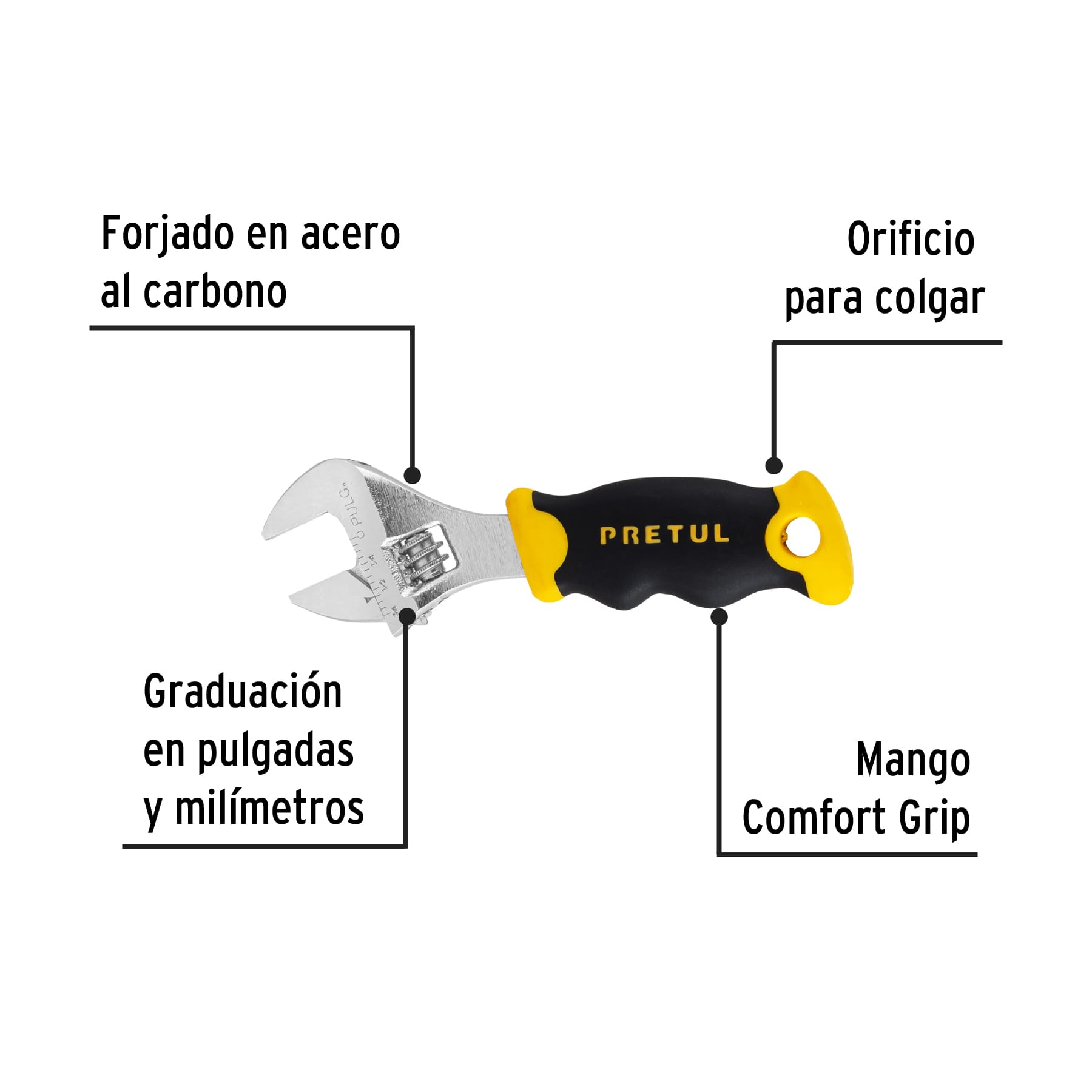 Llave ajustable (perico corto) 5" cromada con grip, PRETUL