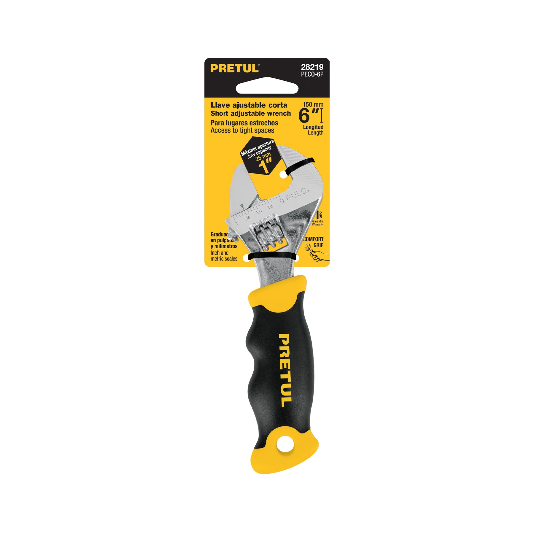 Llave ajustable (perico corto) 6" cromada con grip, PRETUL