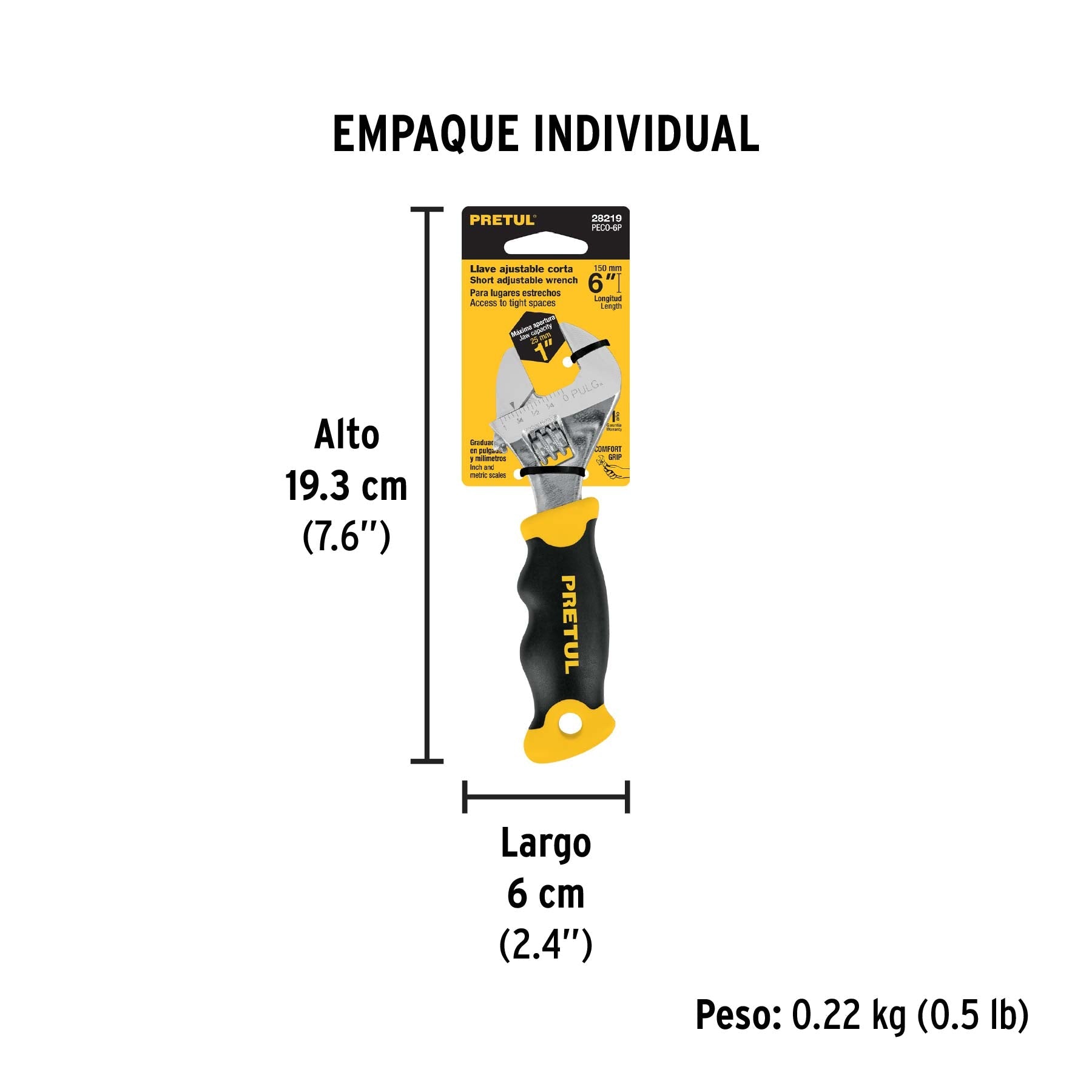 Llave ajustable (perico corto) 6" cromada con grip, PRETUL - Empaque