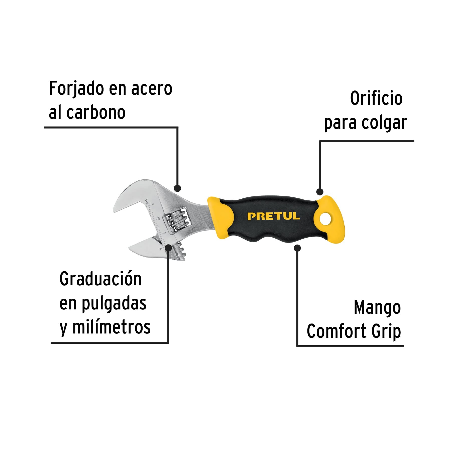 Llave ajustable (perico corto) 6" cromada con grip, PRETUL