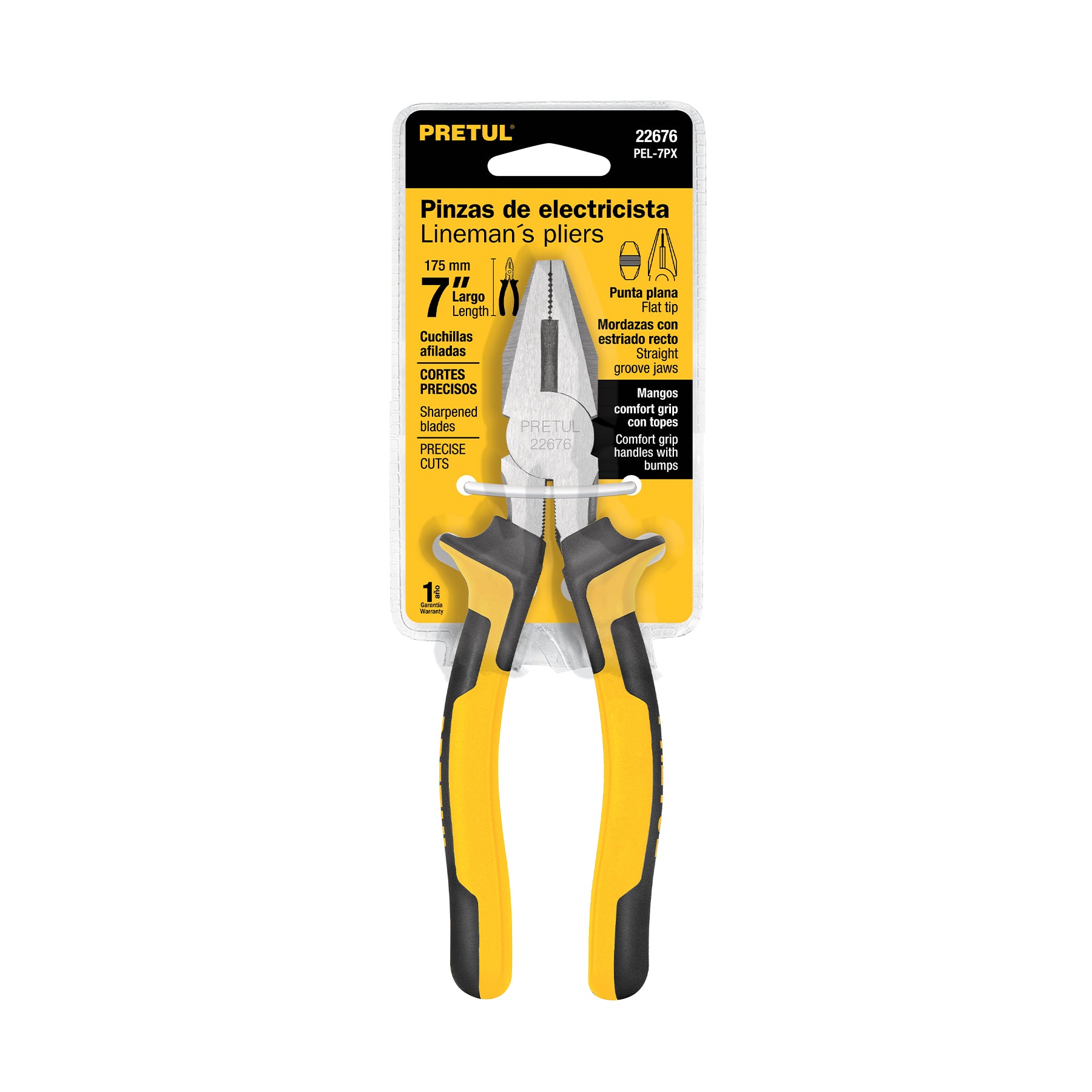 Pinza para electricista 7" mango Comfort Grip, PRETUL