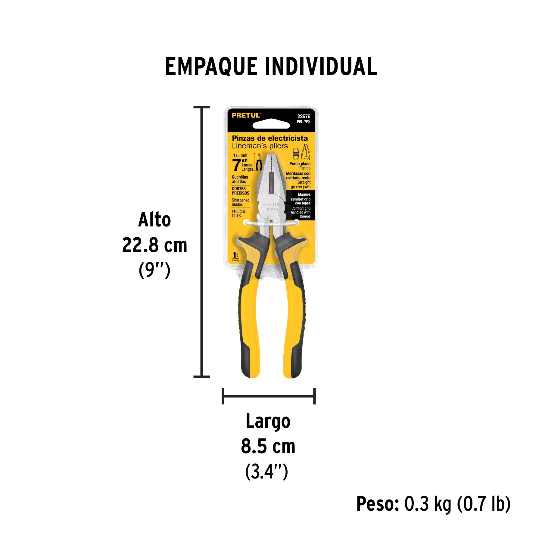 Pinza para electricista 7" mango Comfort Grip, PRETUL - Empaque