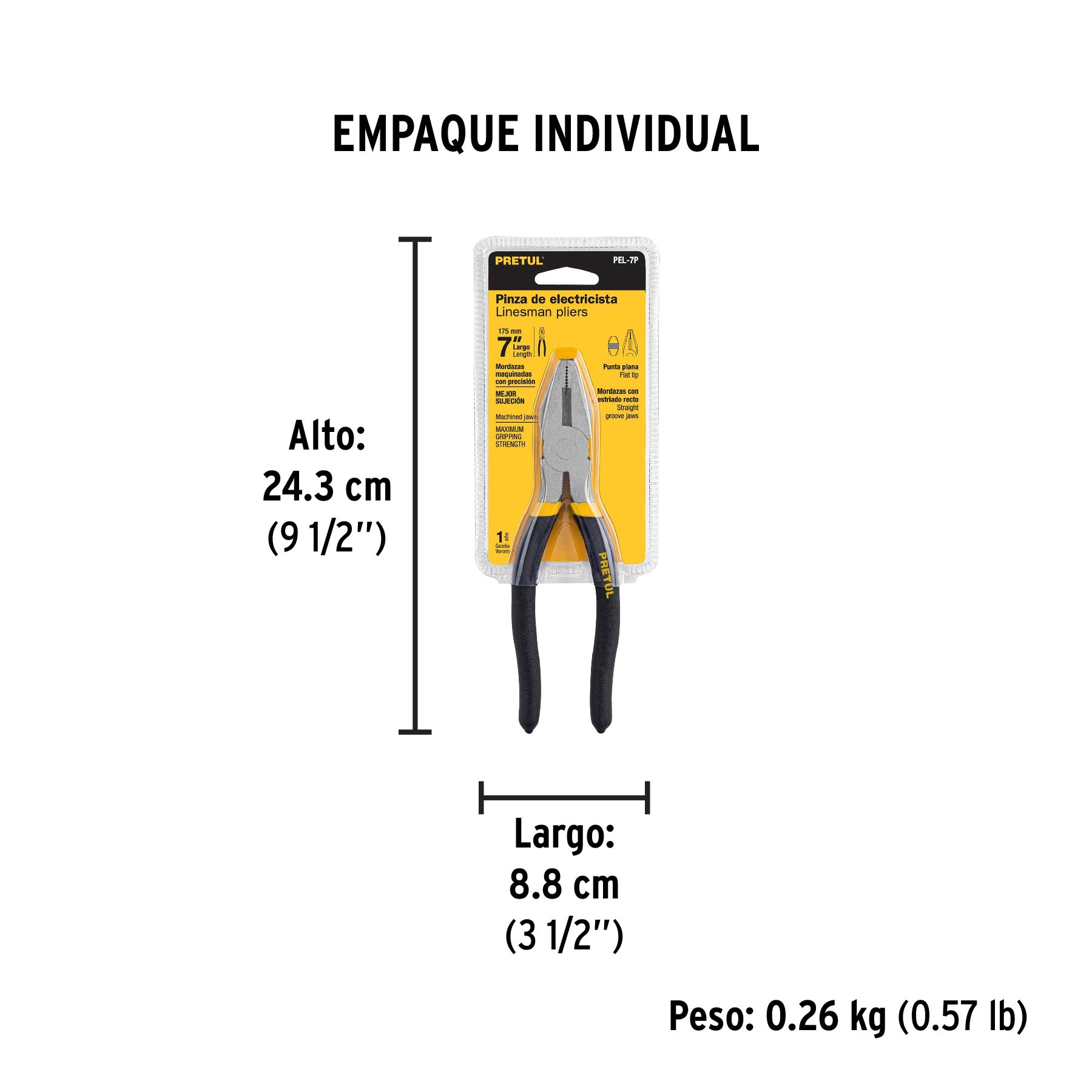 Pinza para electricista 7" mango de PVC, PRETUL - Empaque