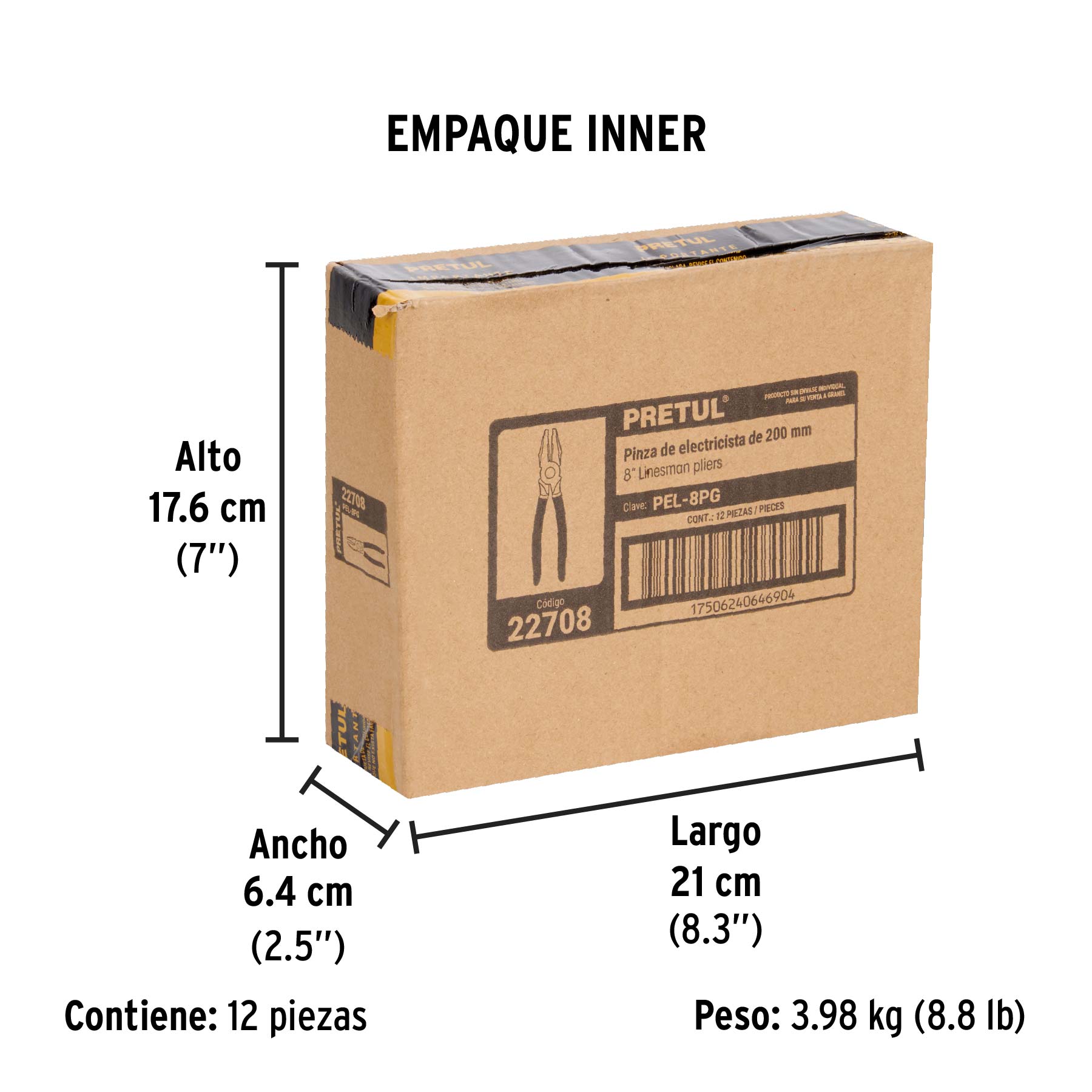 Pinza para electricista 8" mango de vinil, a granel, PRETUL - Empaque