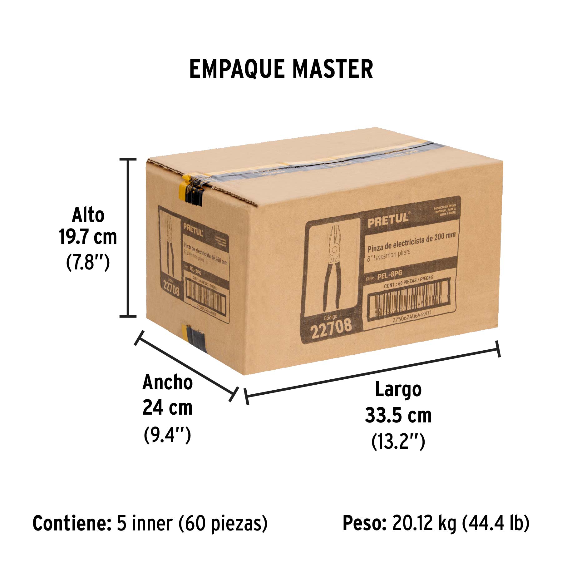 Pinza para electricista 8" mango de vinil, a granel, PRETUL - Empaque