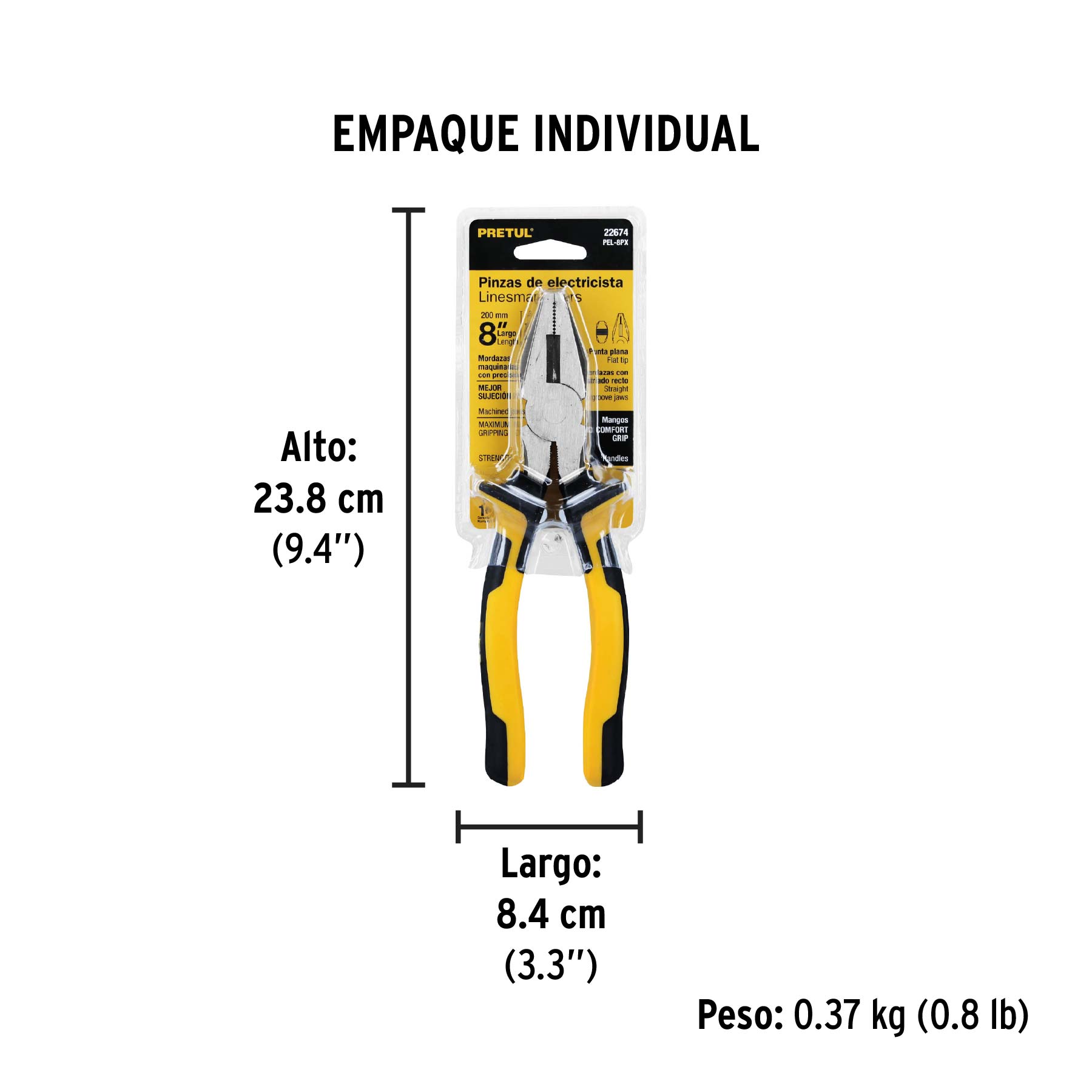 Pinza para electricista 8" mango Comfort Grip, PRETUL - Empaque