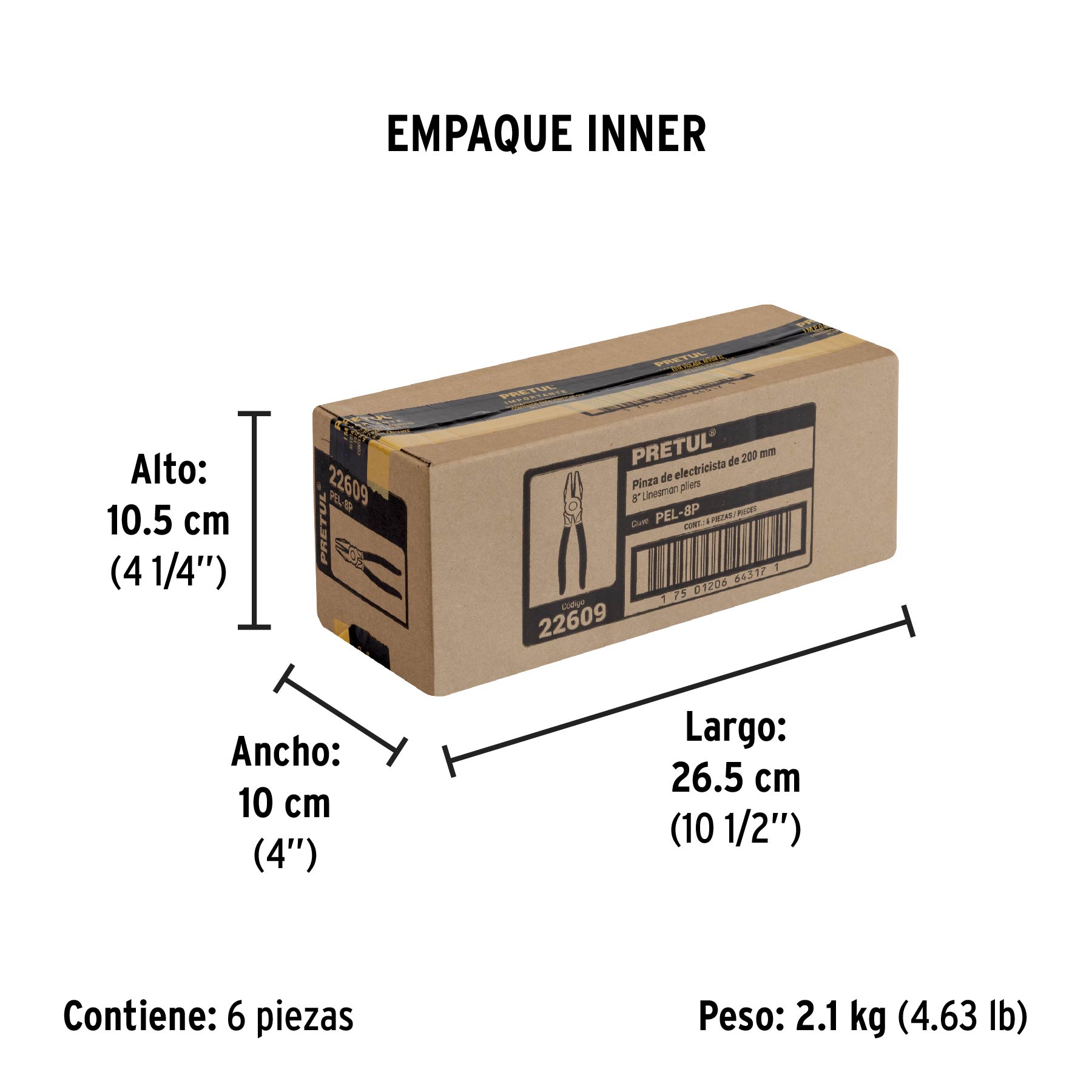 Pinza para electricista 8" mango de PVC, PRETUL - Empaque