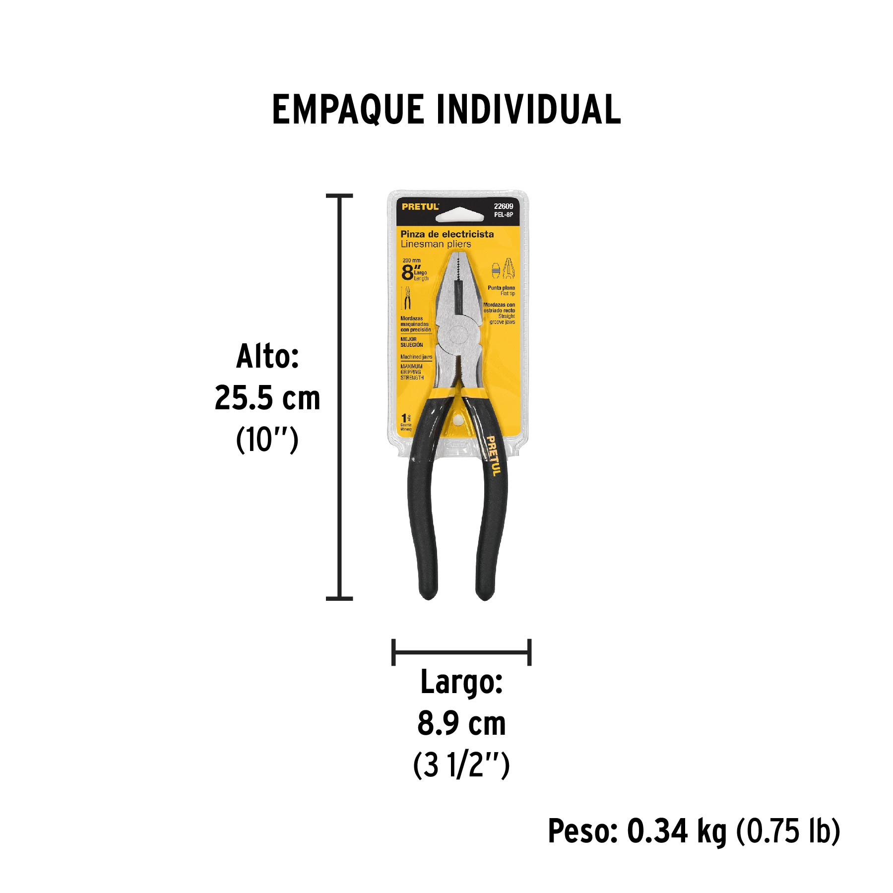 Pinza para electricista 8" mango de PVC, PRETUL - Empaque