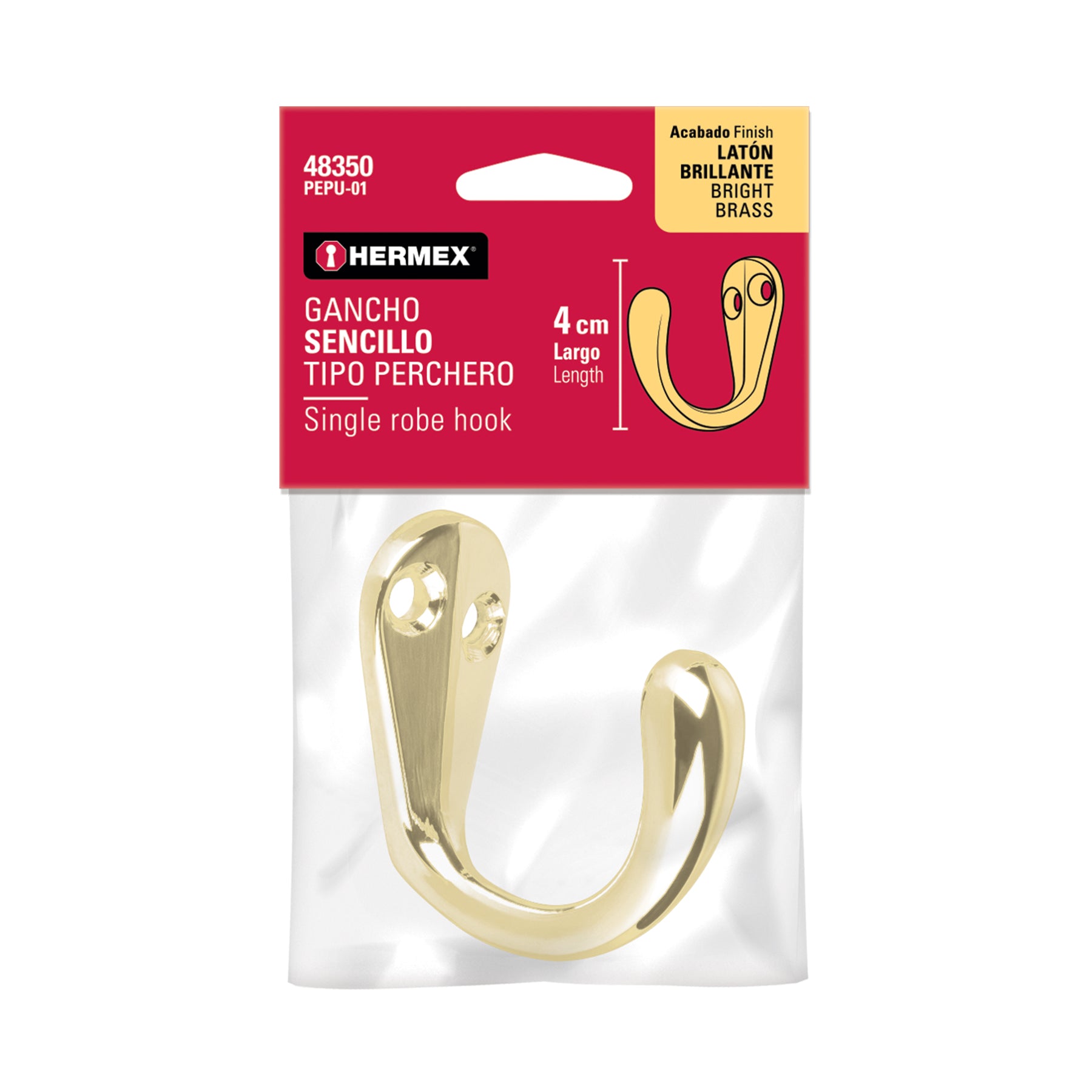 Gancho sencillo tipo perchero, 4 cm, latón brillante, HERMEX