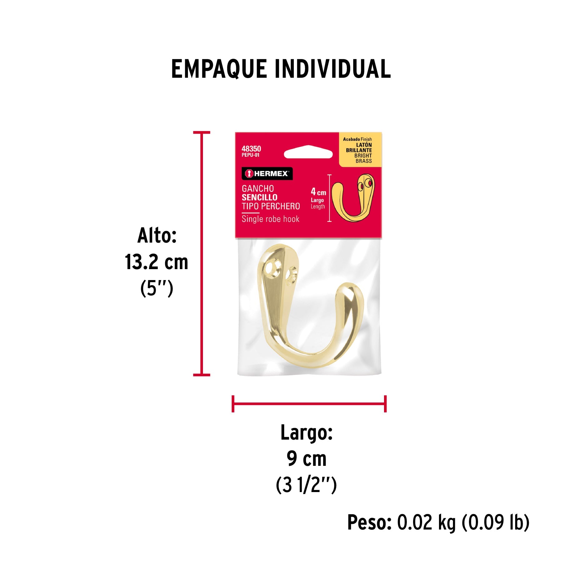 Gancho sencillo tipo perchero, 4 cm, latón brillante, HERMEX - Empaque