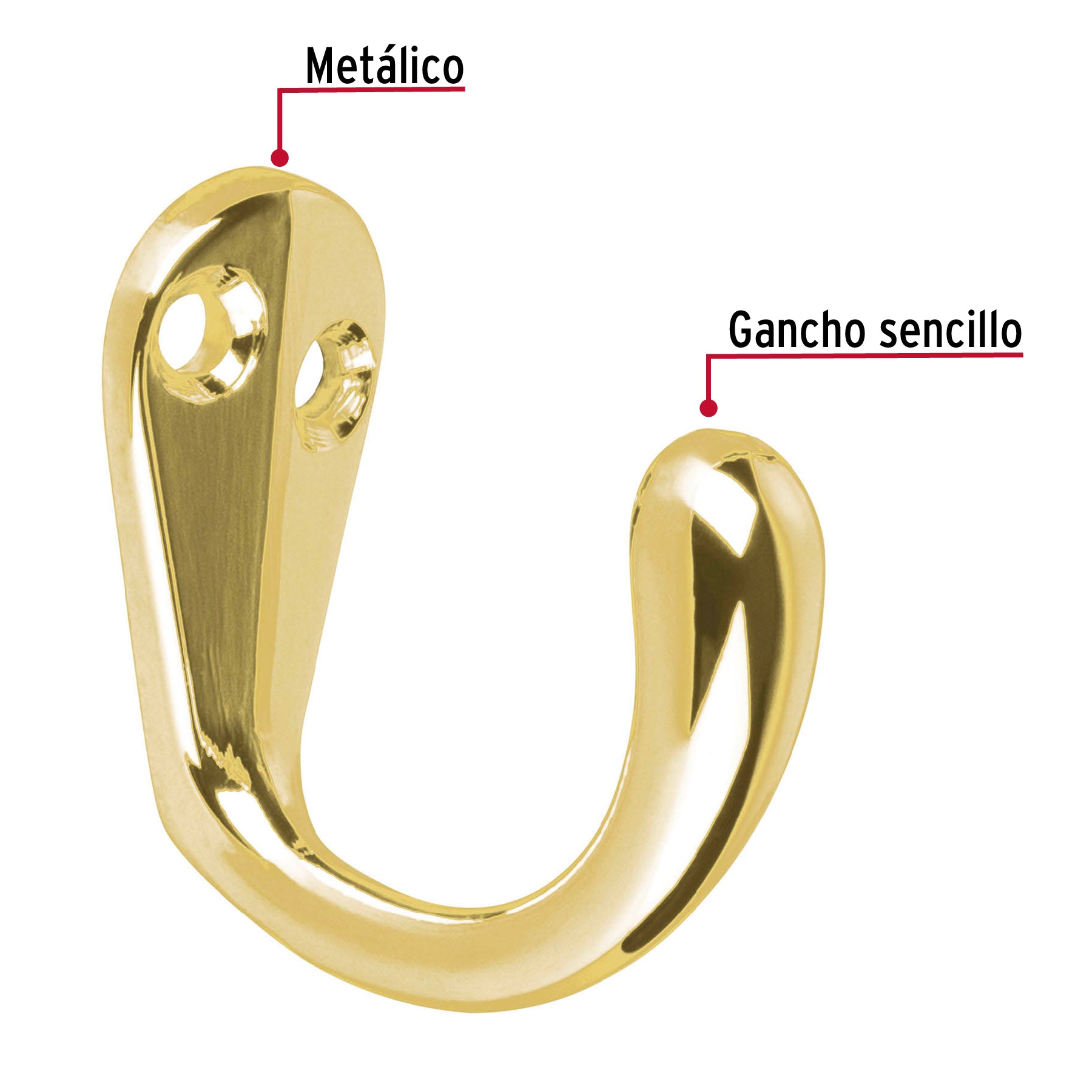 Gancho sencillo tipo perchero, 4 cm, latón brillante, HERMEX
