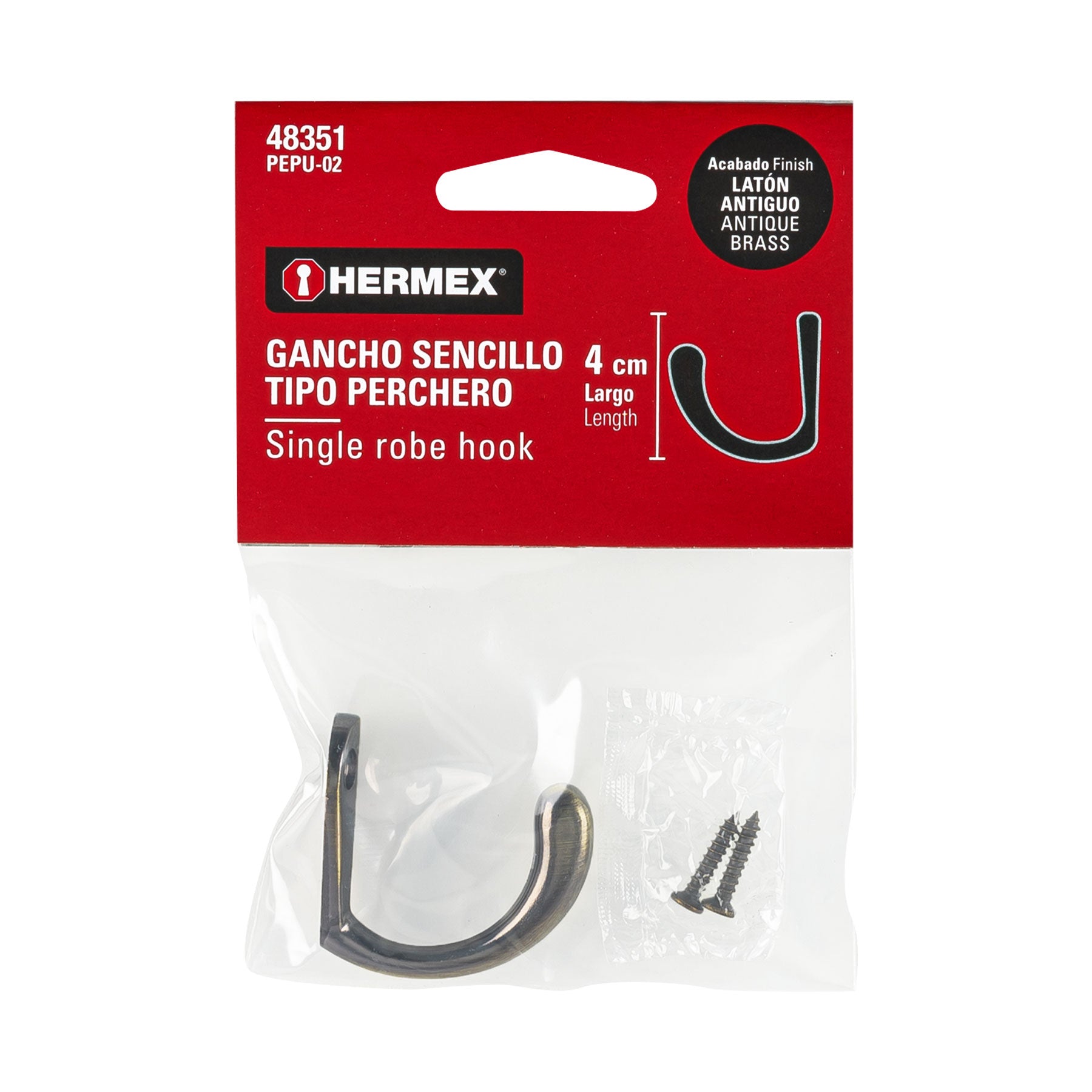 Gancho sencillo tipo perchero, 4 cm, latón antiguo, HERMEX