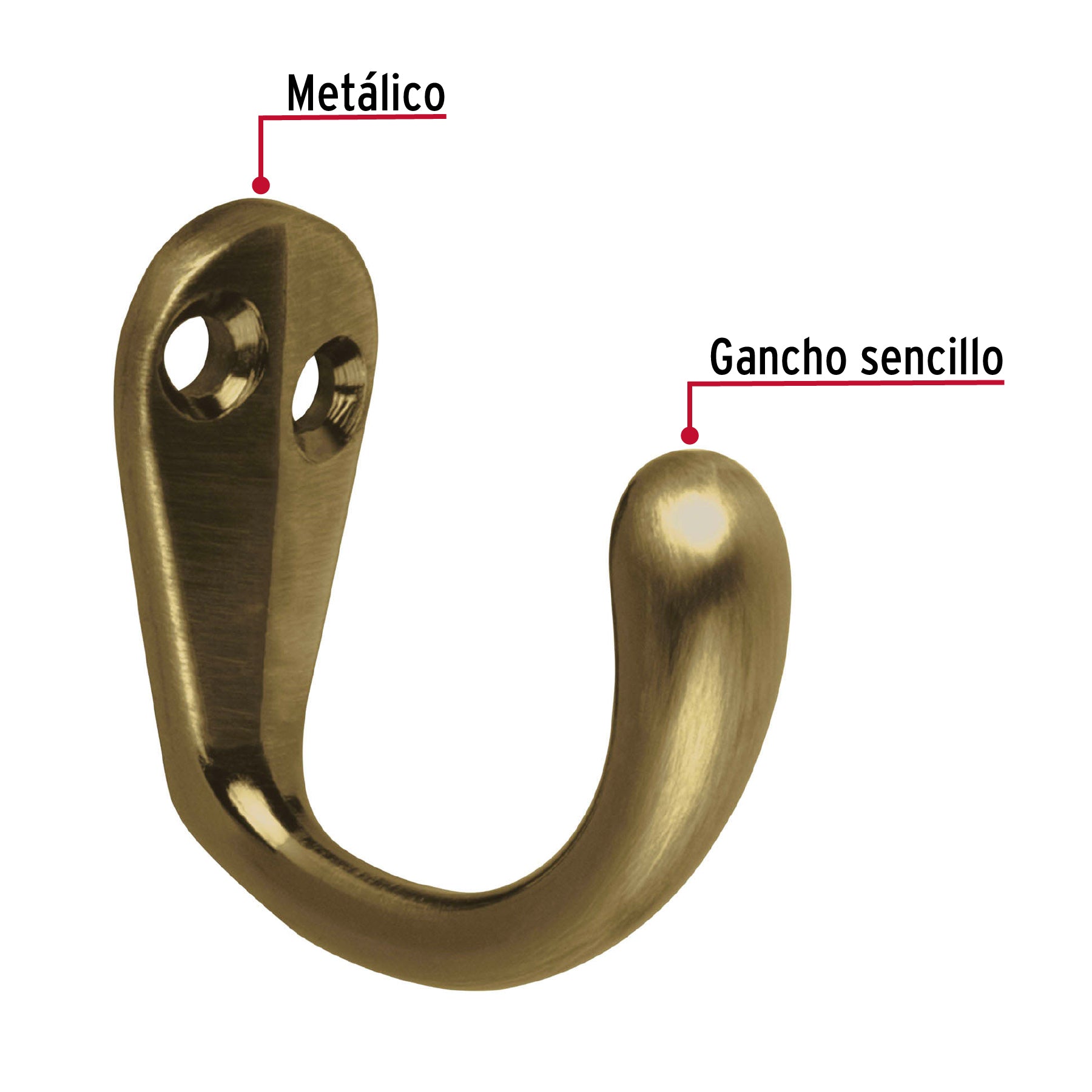 Gancho sencillo tipo perchero, 4 cm, latón antiguo, HERMEX
