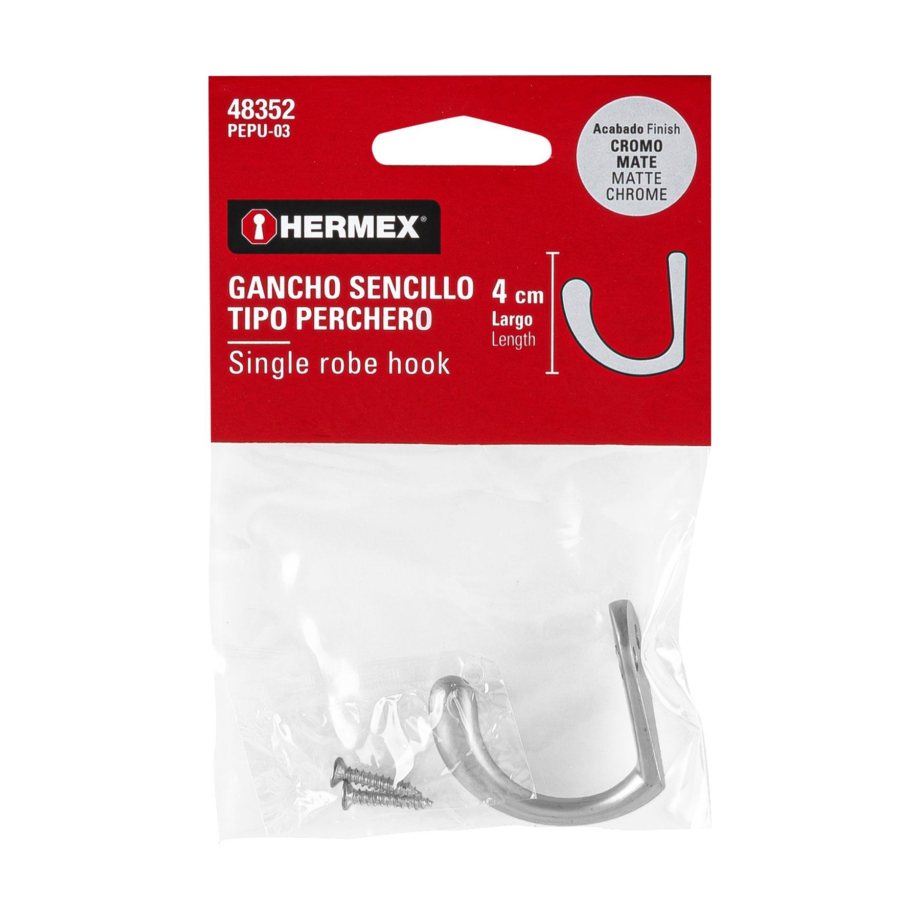 Gancho sencillo tipo perchero, 4 cm, cromo mate, HERMEX
