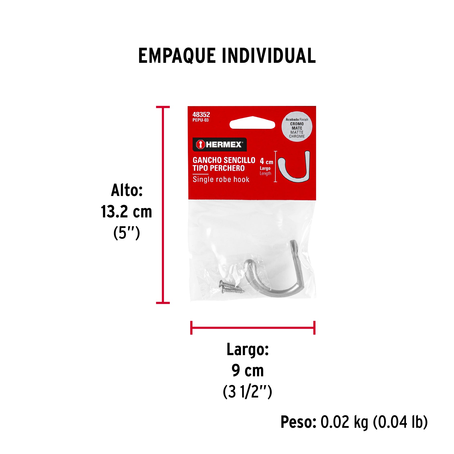 Gancho sencillo tipo perchero, 4 cm, cromo mate, HERMEX - Empaque
