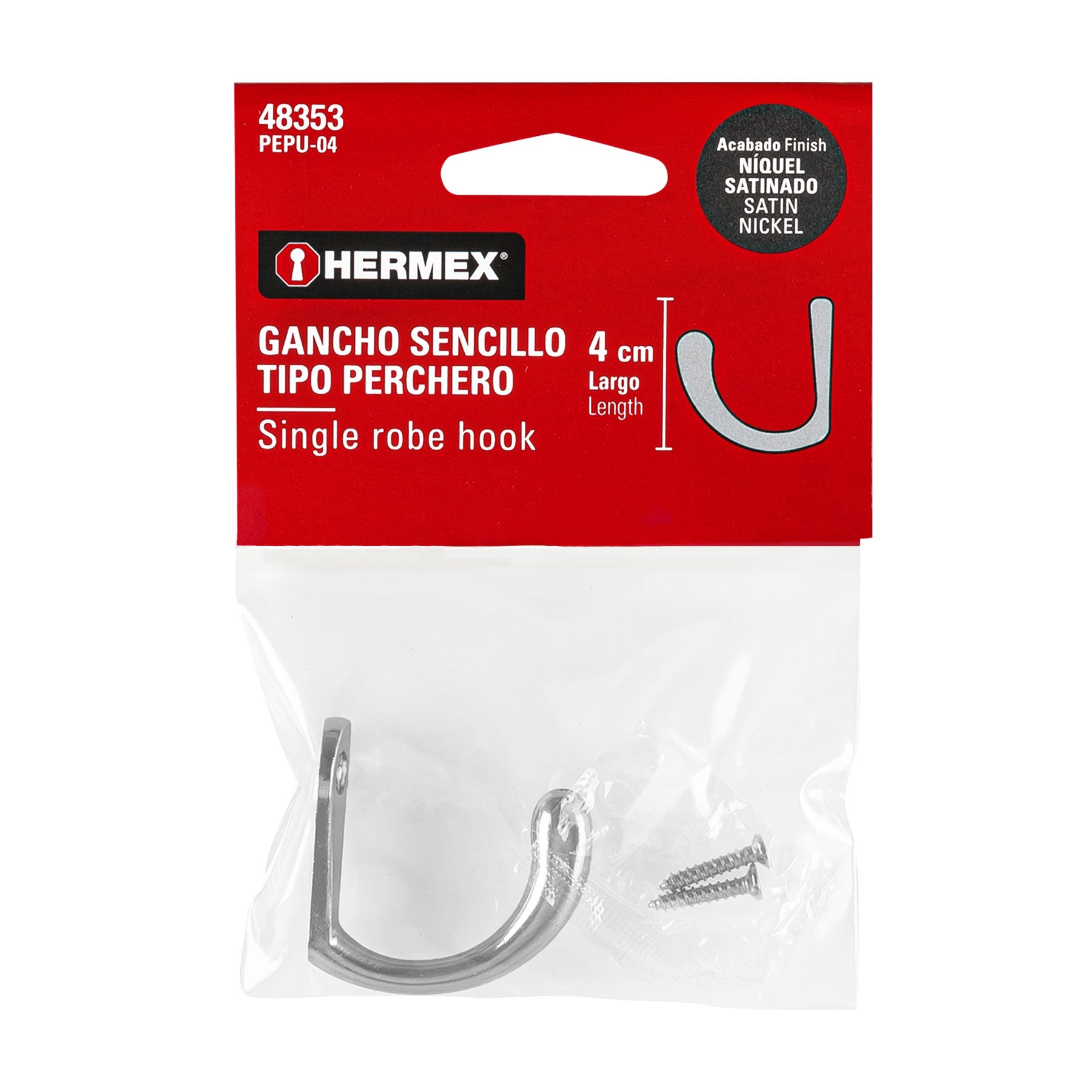Gancho sencillo tipo perchero, 4 cm, níquel satinado, HERMEX