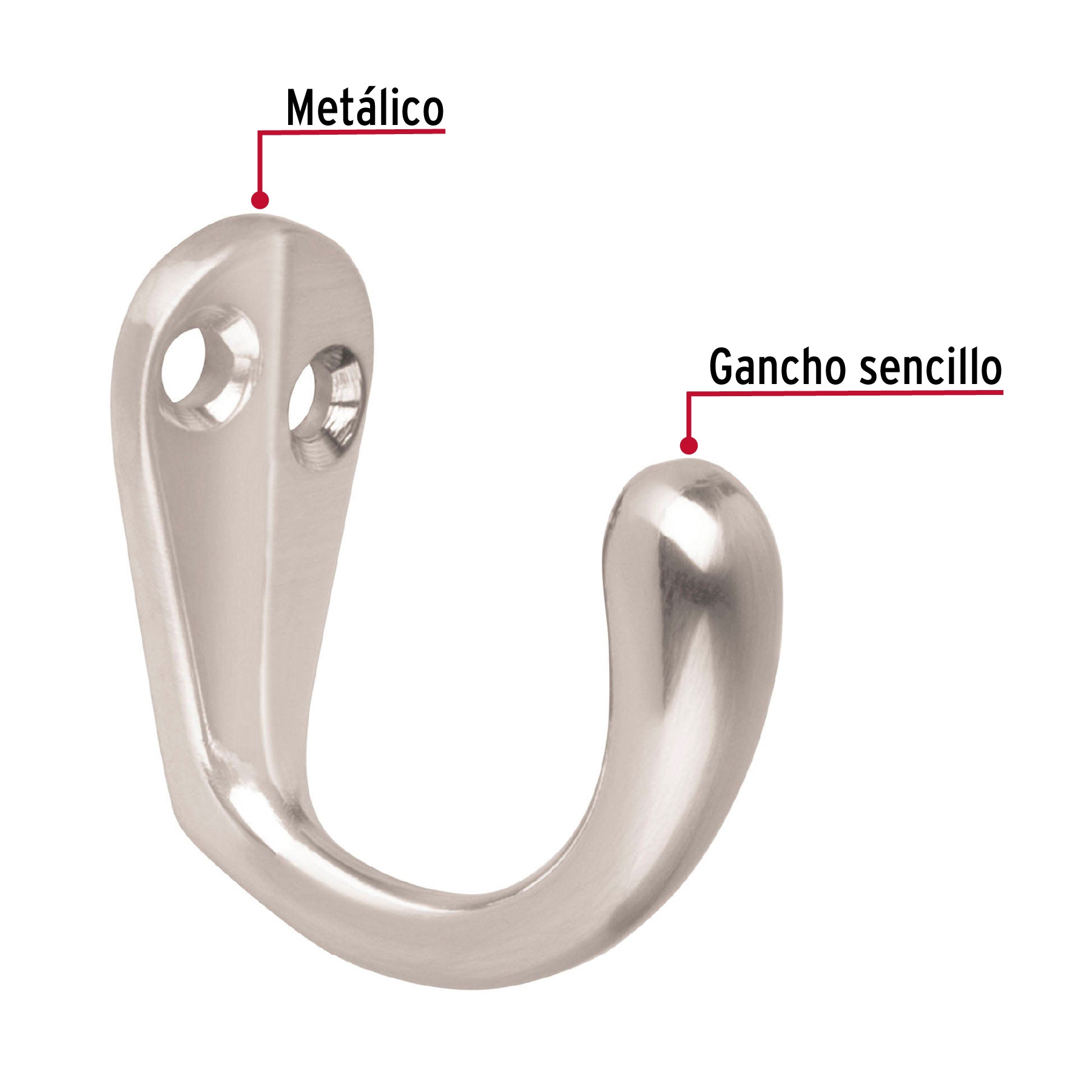 Gancho sencillo tipo perchero, 4 cm, níquel satinado, HERMEX