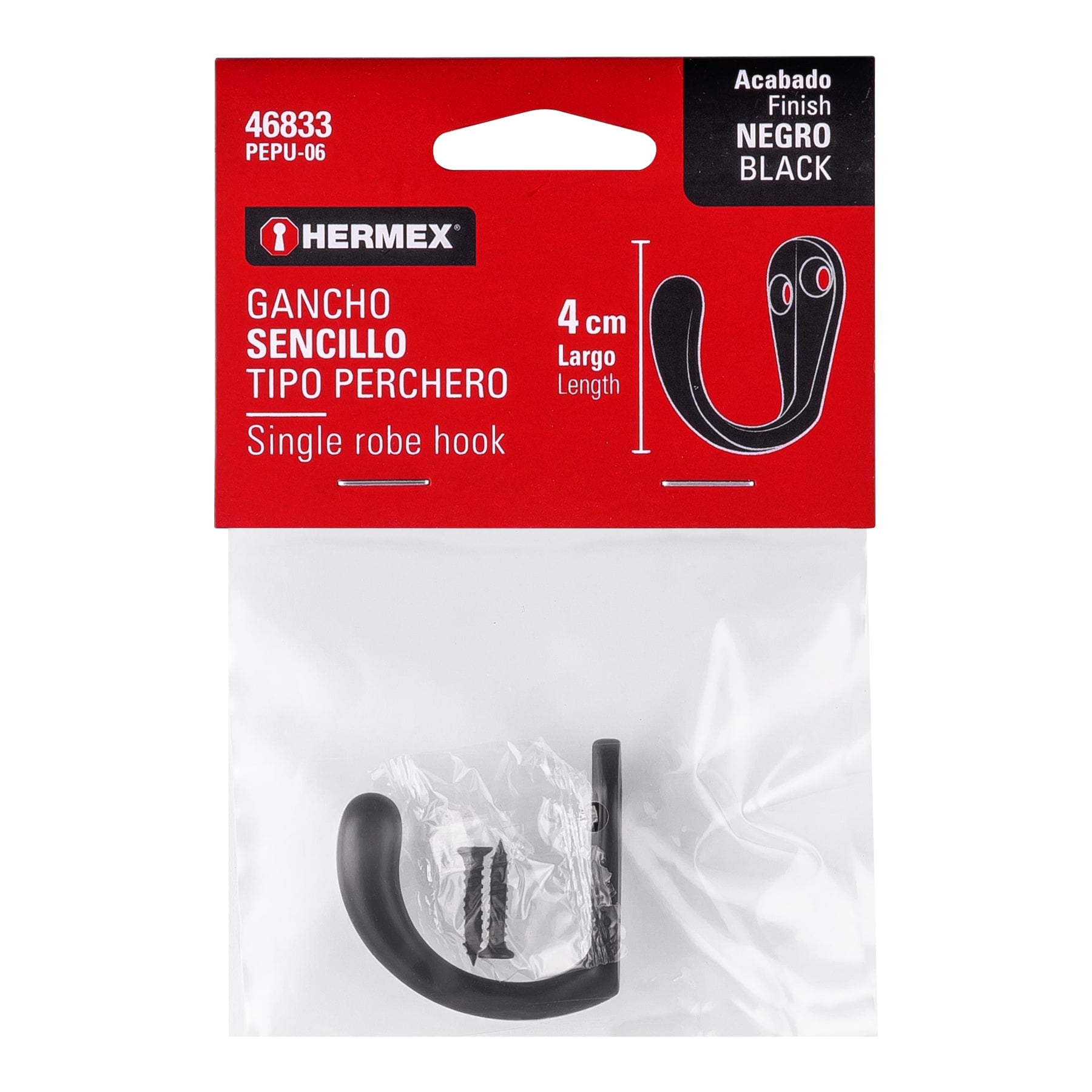 Gancho sencillo tipo perchero, 4 cm, negro, HERMEX