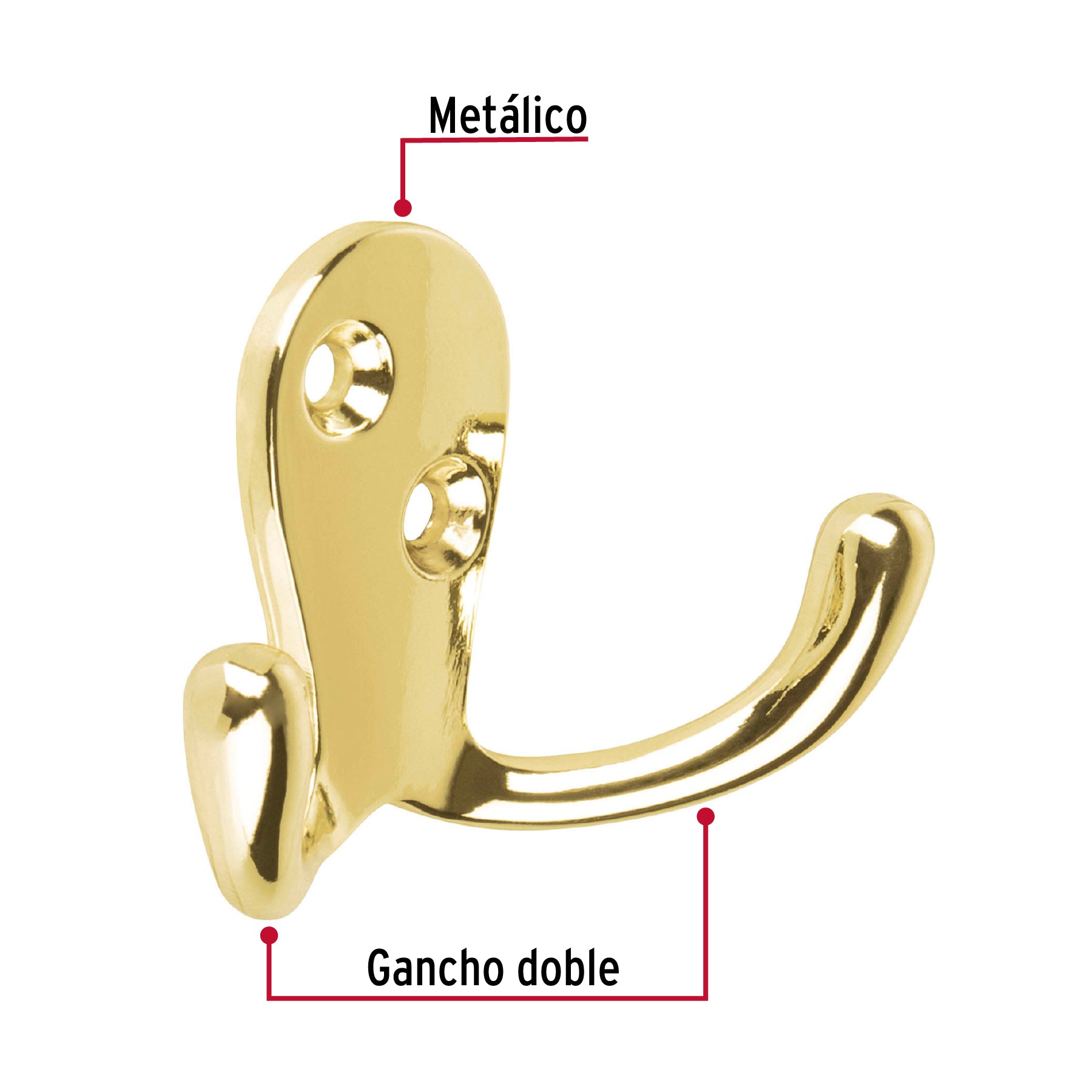 Gancho doble tipo perchero, 7 cm, latón brillante, HERMEX