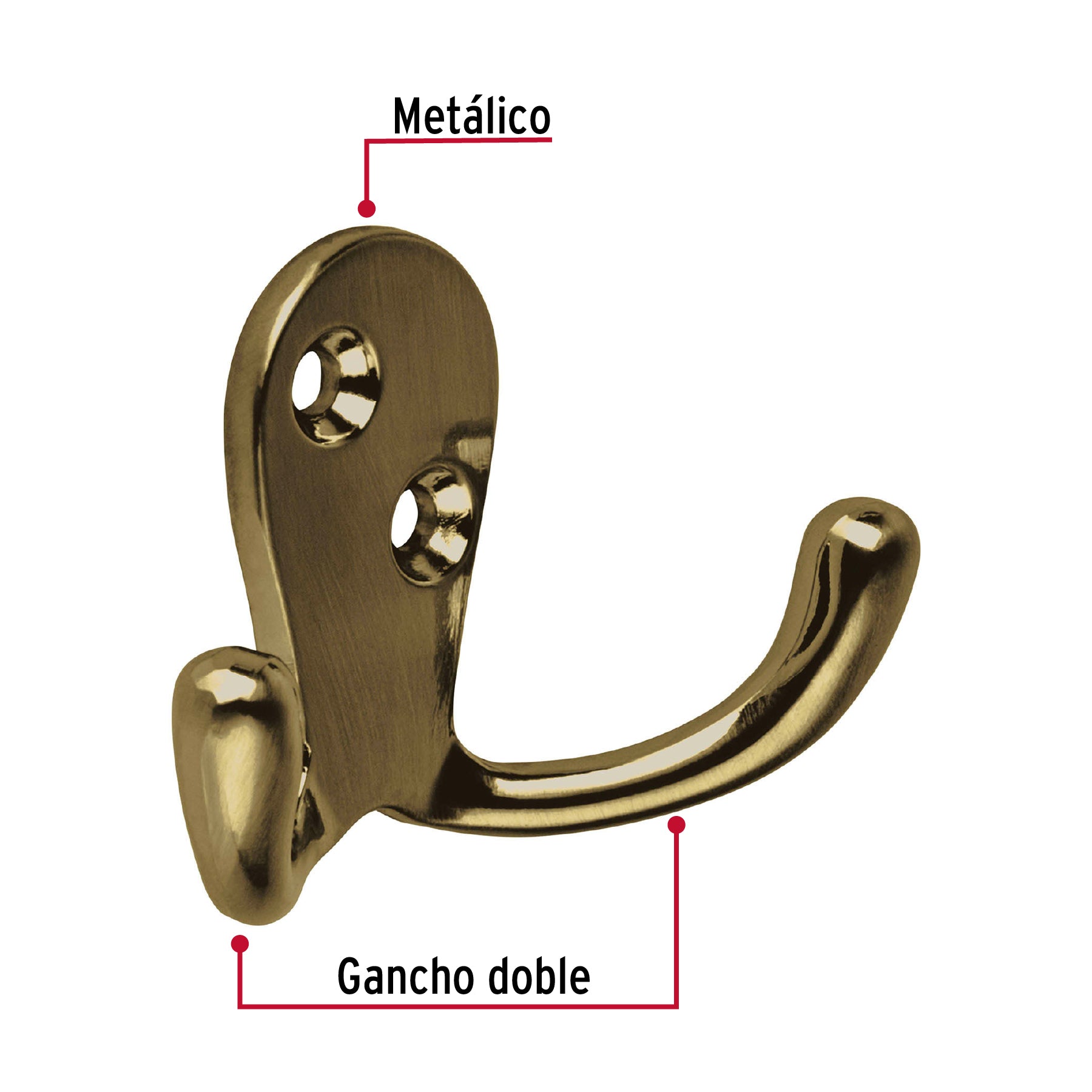 Gancho doble tipo perchero, 7 cm, latón antiguo, HERMEX