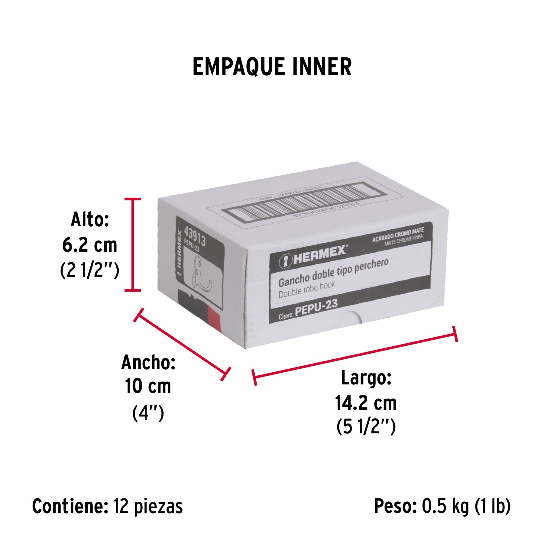 Gancho doble tipo perchero, 7 cm, cromo mate, HERMEX - Empaque