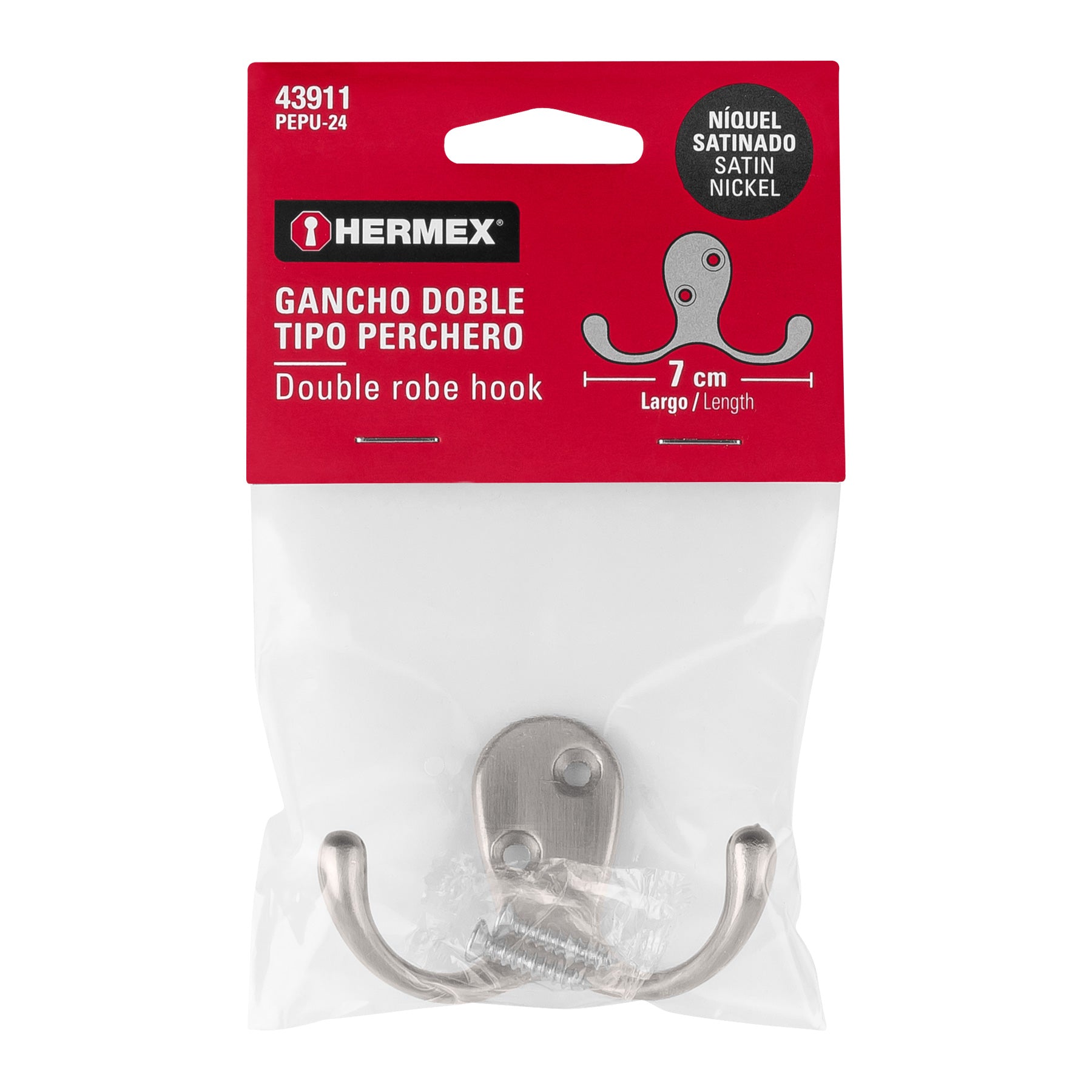 Gancho doble tipo perchero, 7 cm, níquel satinado, HERMEX