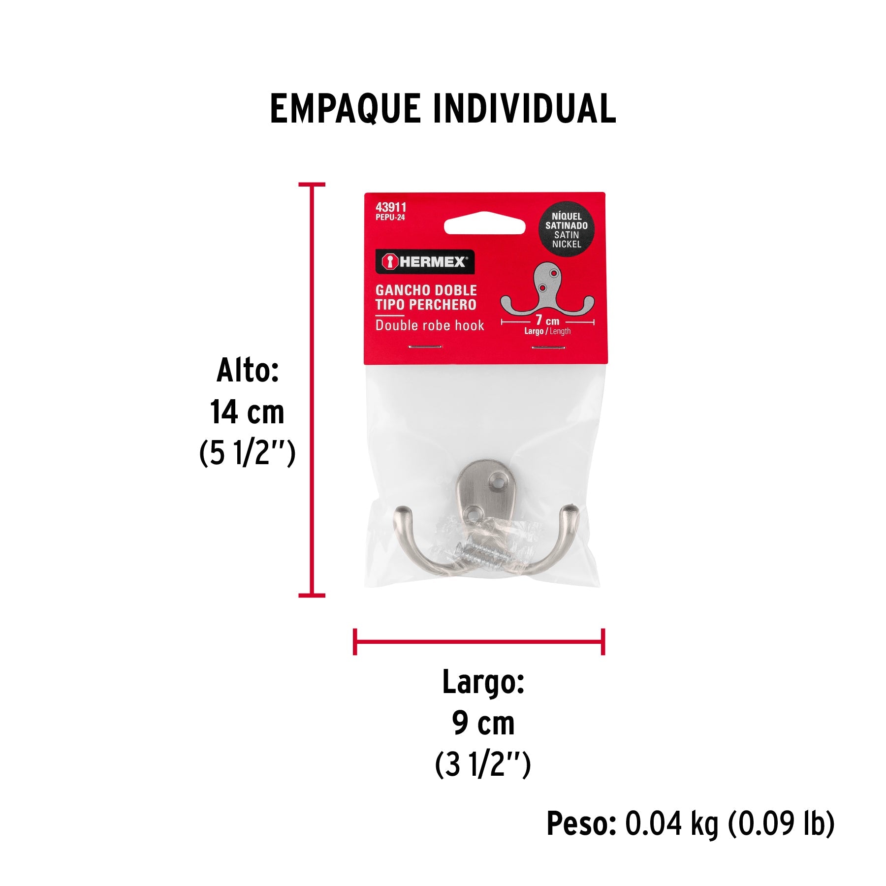 Gancho doble tipo perchero, 7 cm, níquel satinado, HERMEX - Empaque