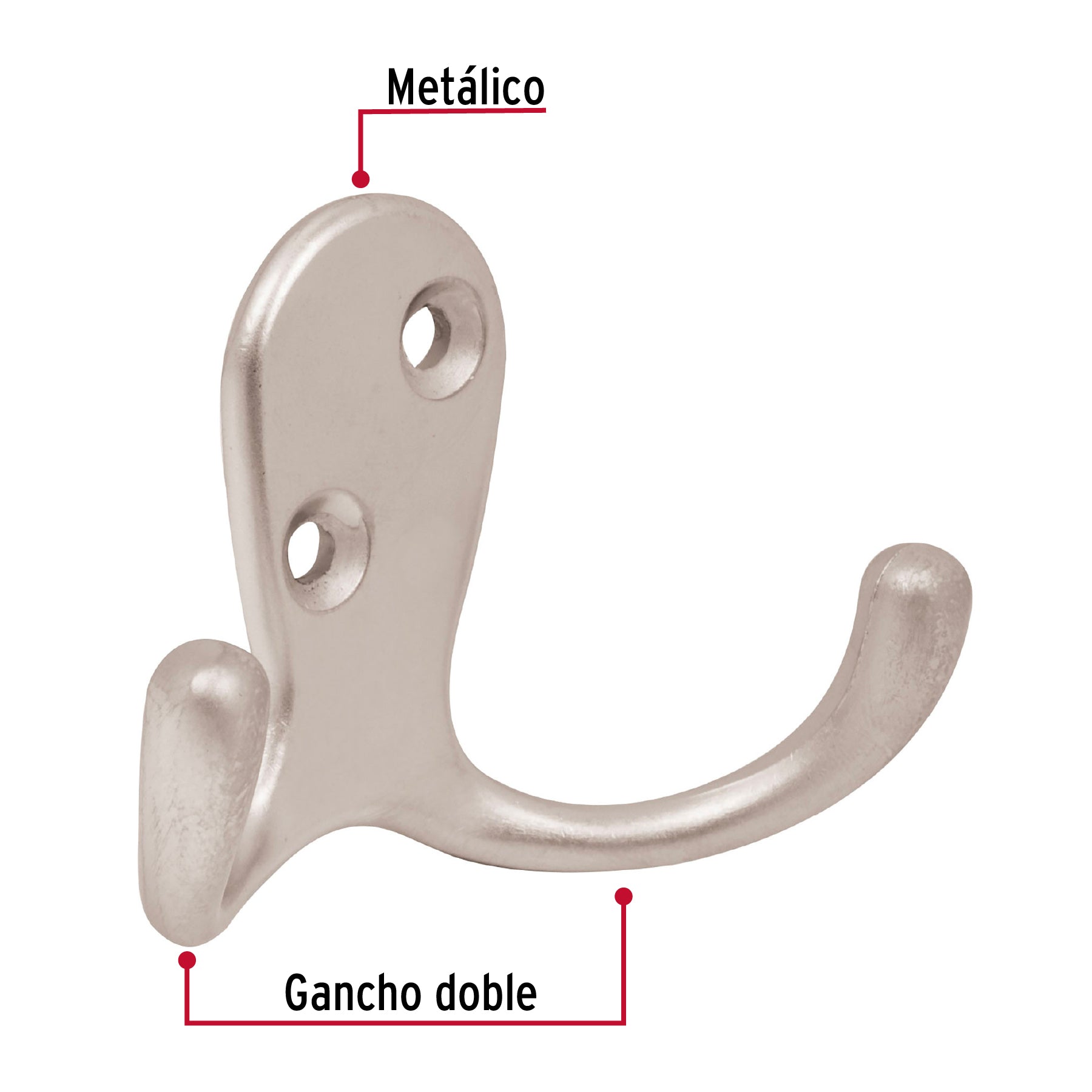 Gancho doble tipo perchero, 7 cm, níquel satinado, HERMEX